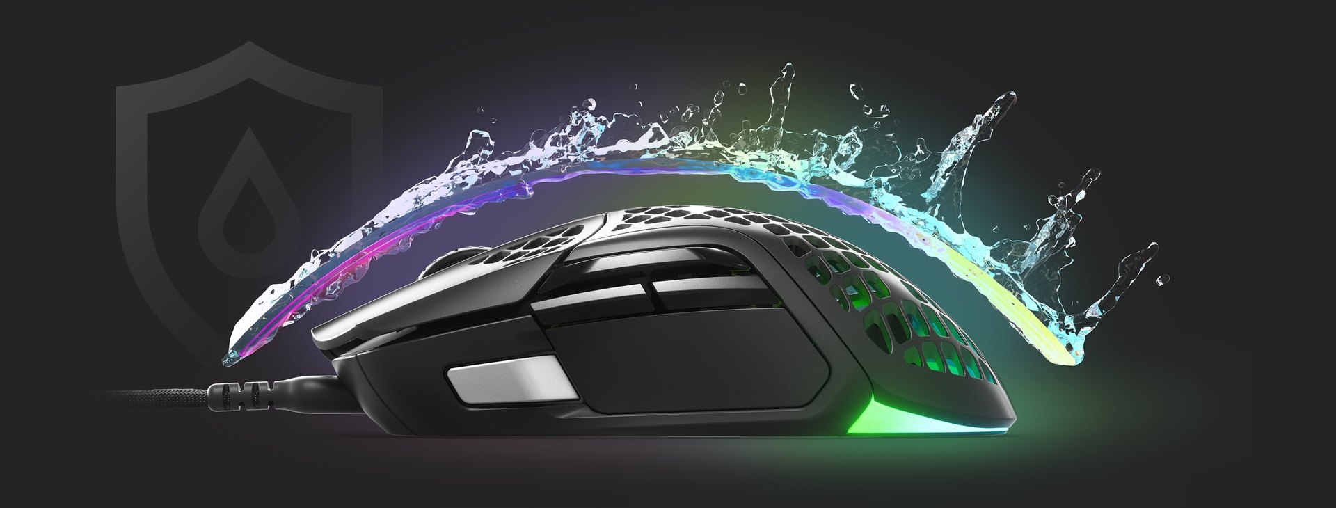 An Aerox 5 mouse with an invisible shield protecting it from incoming water splashing, to convey the waterproofing features.