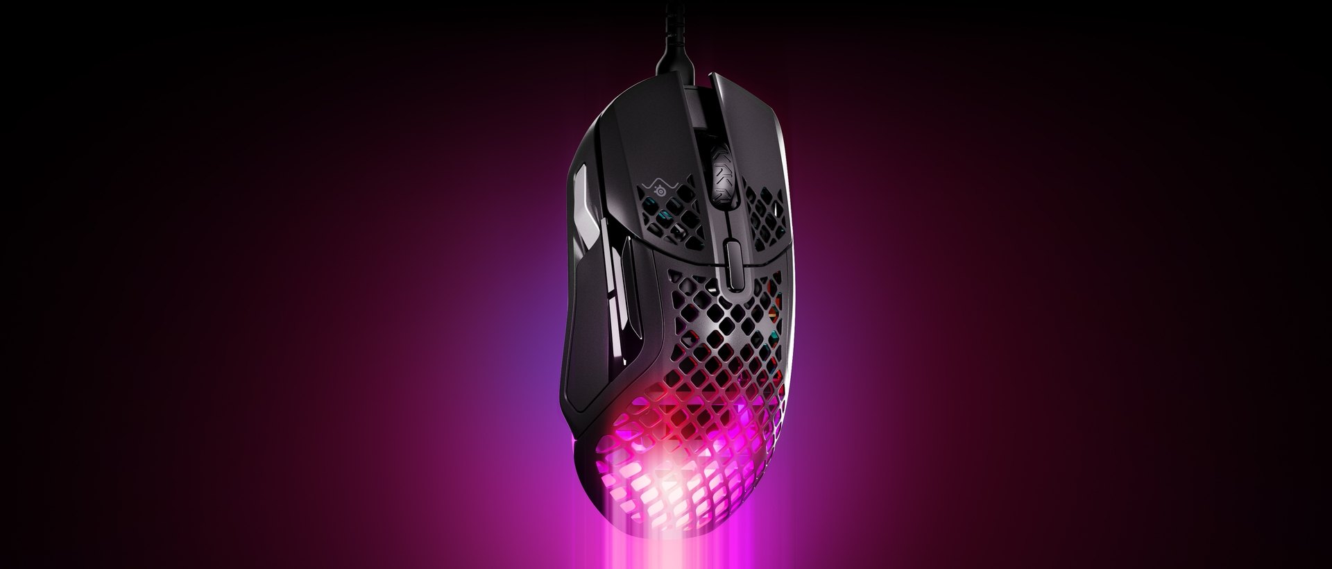 An Aerox 5 mouse with light beaming from the body.