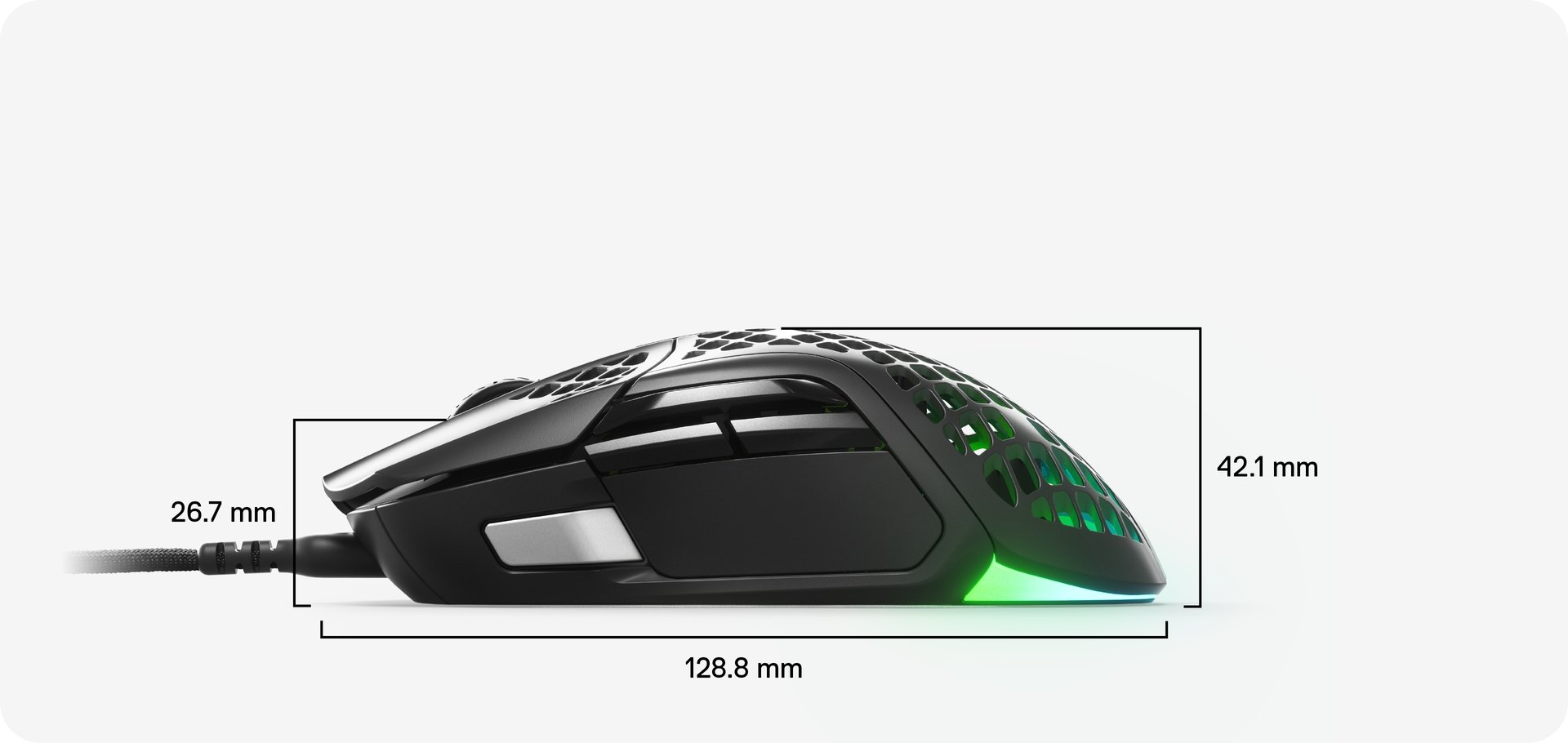 Side view with dimensions for the Aerox 5 mouse: 42.1 MM from palm rest to base, 26.7 MM from scroll wheel to base, and 128.8 MM in total length.
