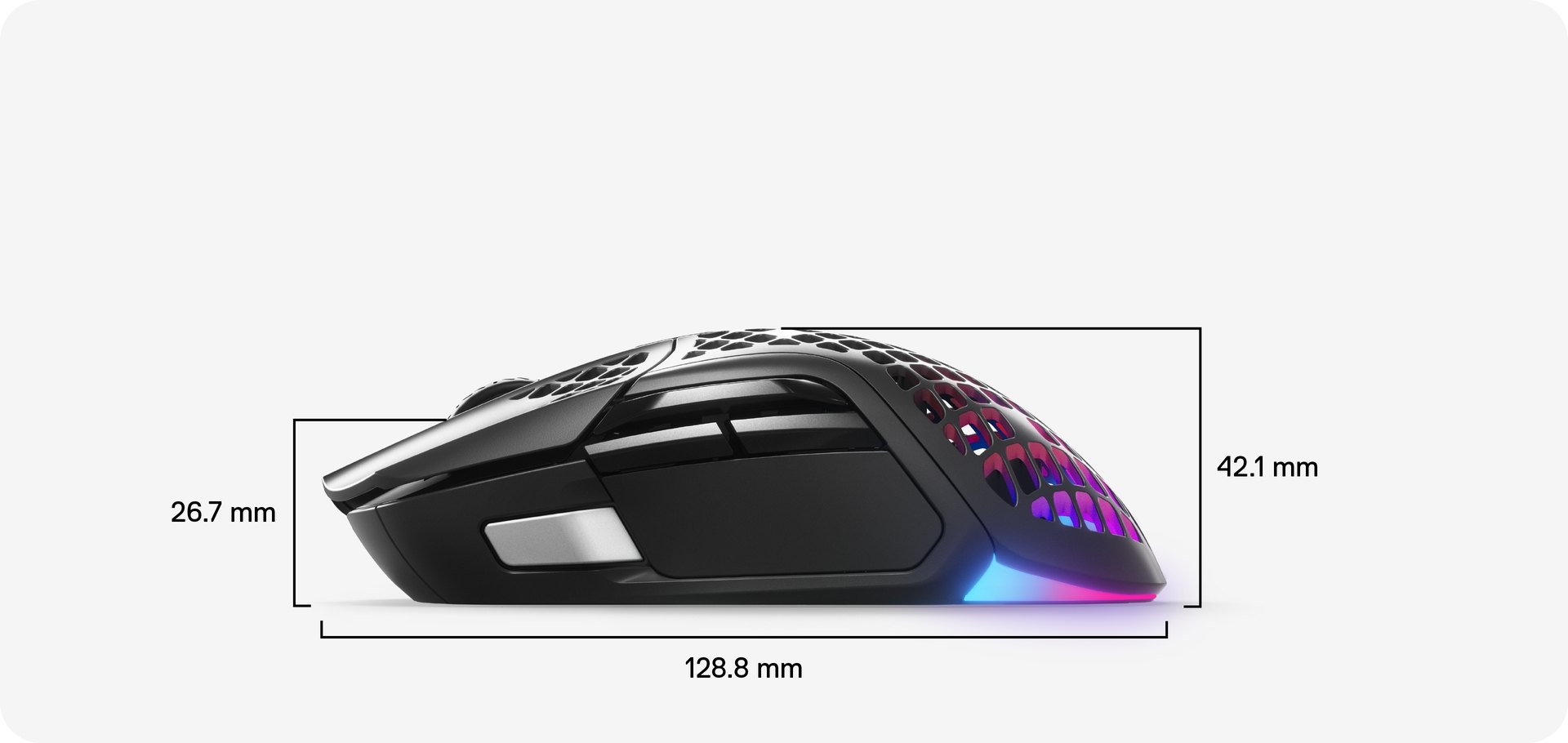 Side view with dimensions for the Aerox 5 Wireless mouse: 42.1 MM from palm rest to base, 26.7 MM from scroll wheel to base, and 128.8 MM in total length.