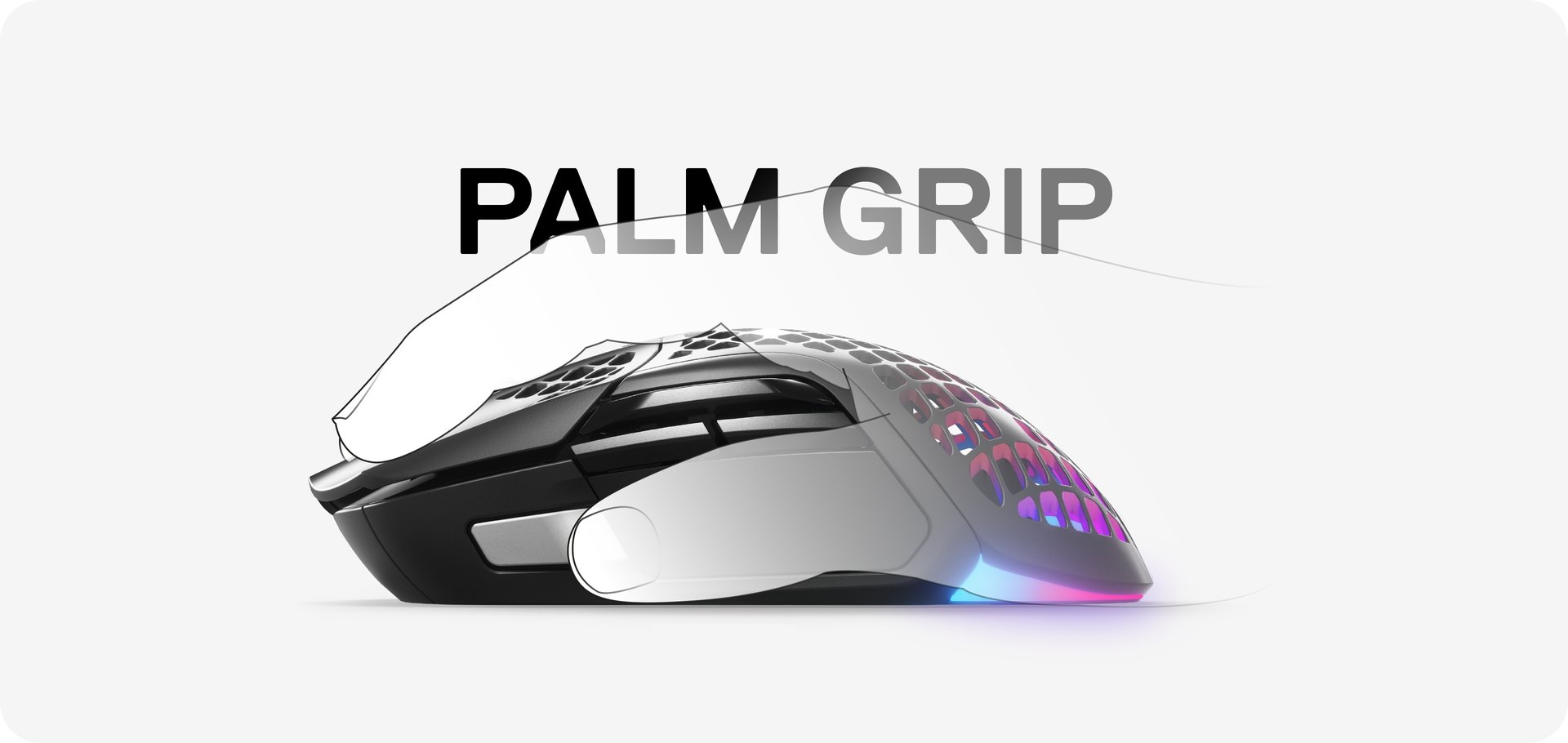 A hand using the Aerox 5 Wireless mouse with a palm grip.