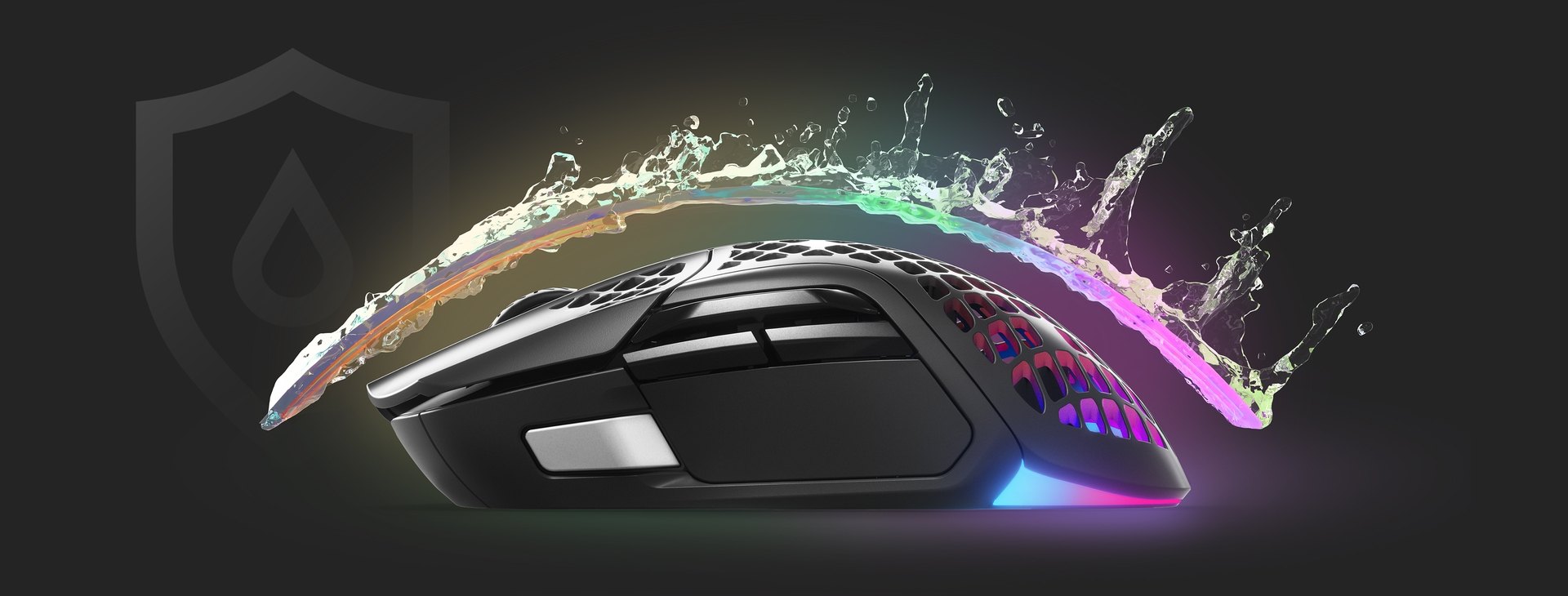 An Aerox 5 Wireless mouse with an invisible shield protecting it from incoming water splashing, to convey the waterproofing features.