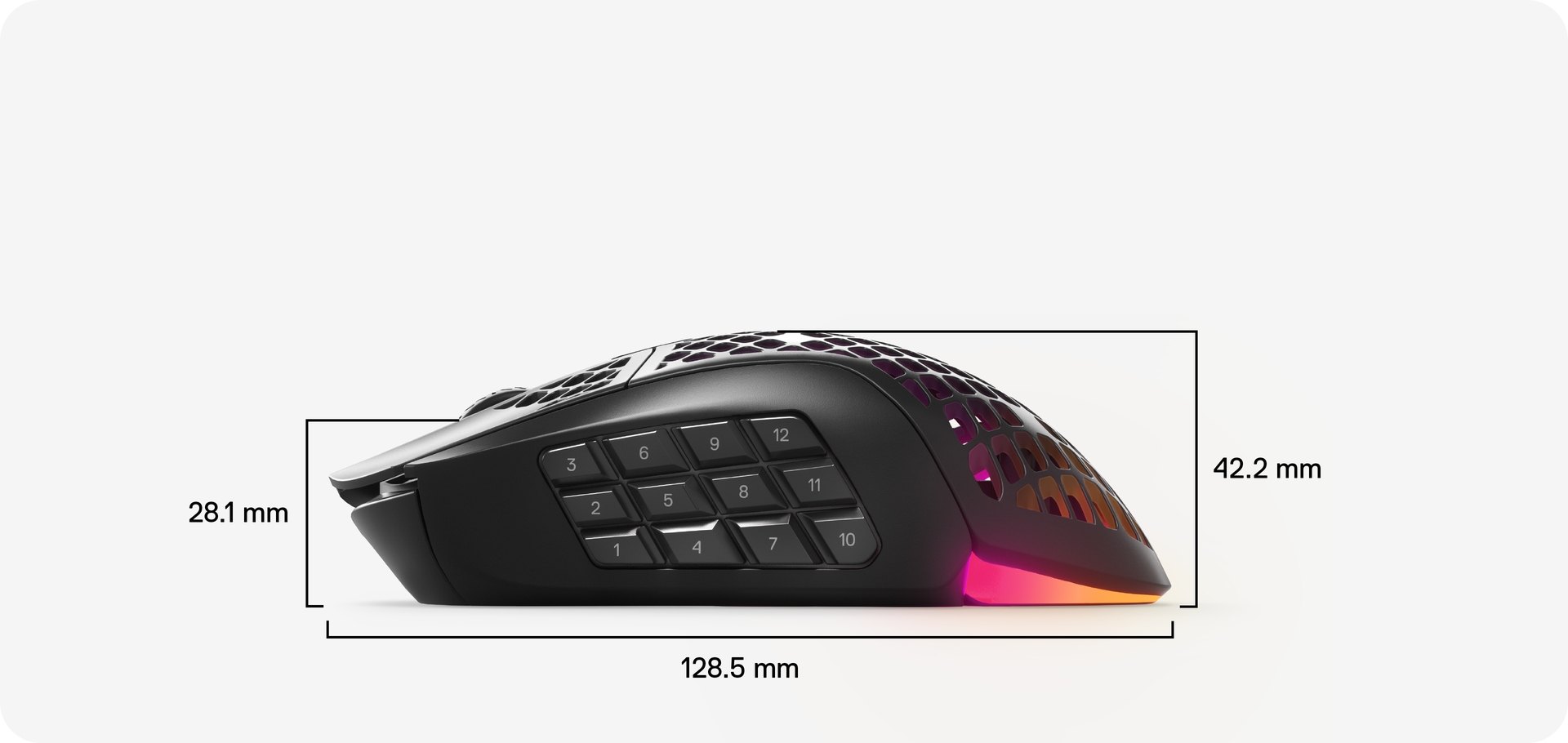 Side view with dimensions for the Aerox 9 Wireless mouse: 42.1 MM from palm rest to base, 26.7 MM from scroll wheel to base, and 128.8 MM in total length.