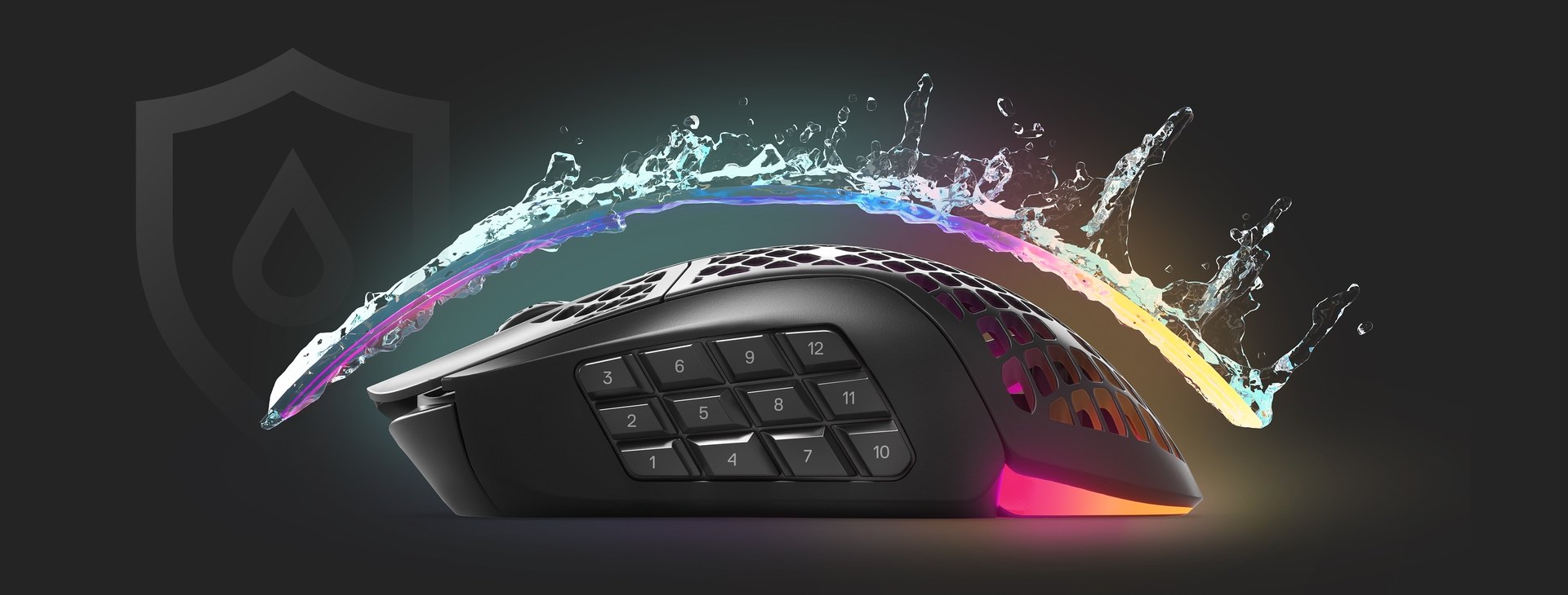 An Aerox 9 Wireless Ghost mouse with an invisible shield protecting it from incoming water splashing, to convey the waterproofing features.