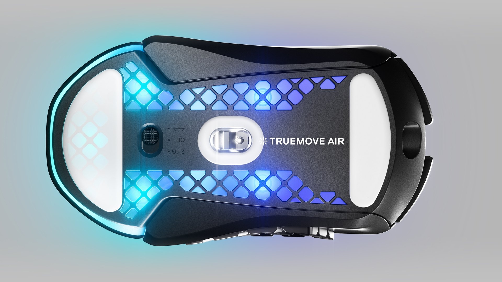 An Aerox 9 Wireless mouse shown from beneath with a great view into the sensor and bottom glide skates of the mouse. Text with an arrow pointing to the sensor reads "Truemove Air".