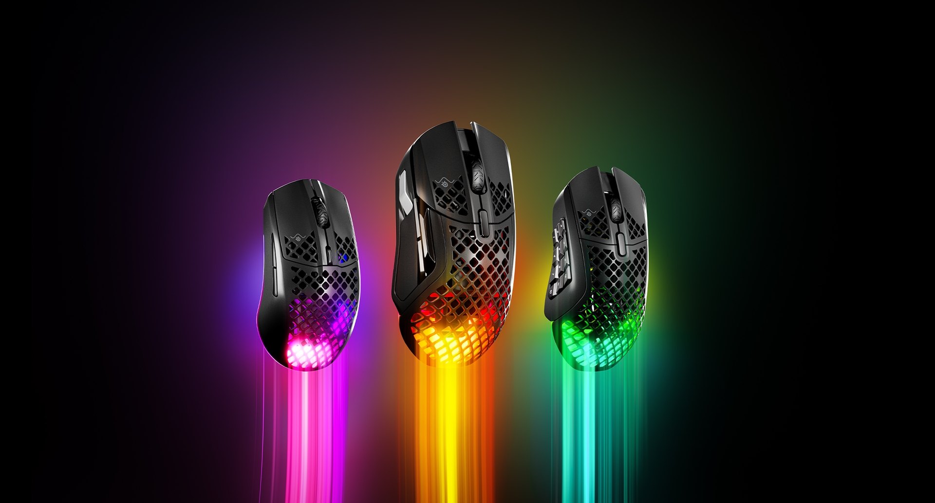 An Aerox 5, 5 wireless, and 9 wireless mouse with light beaming from the body.