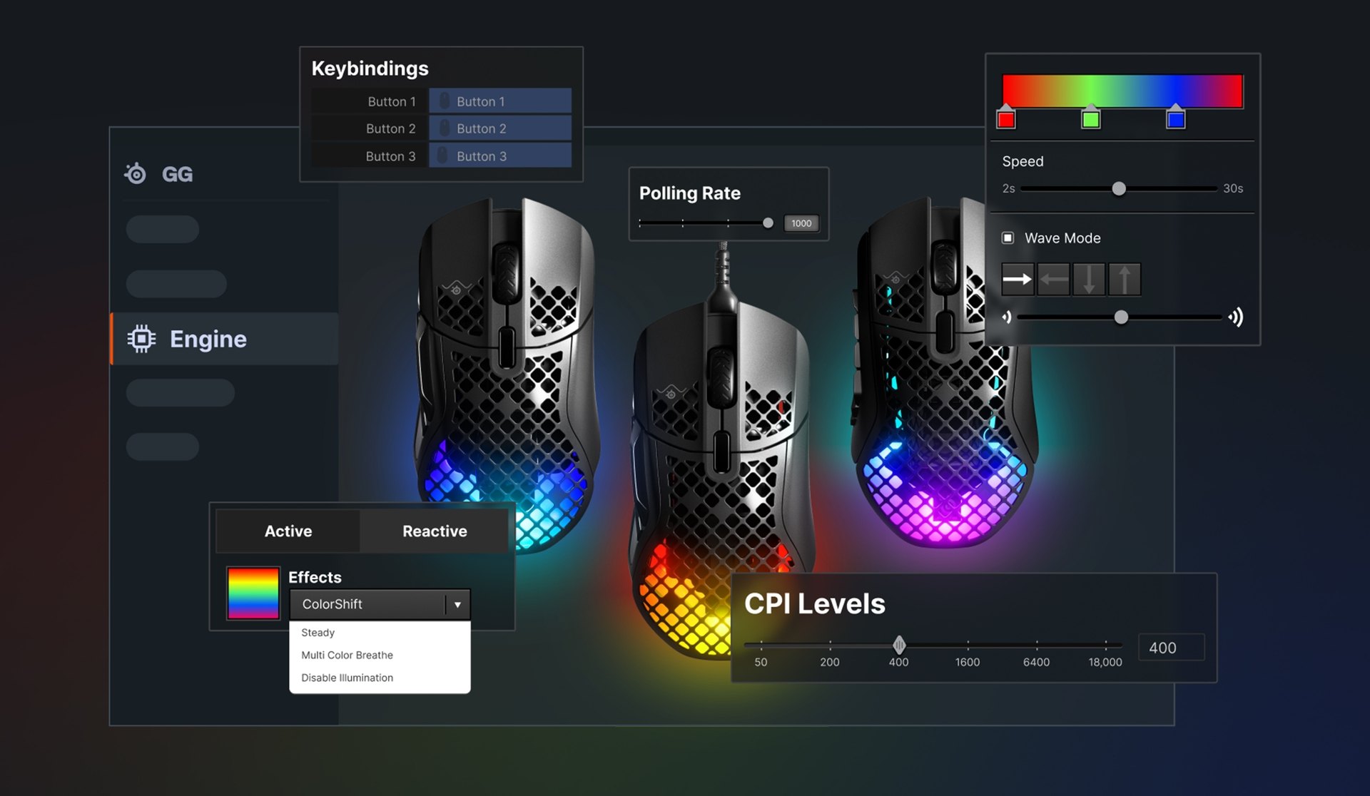 A mockup of SteelSeries GG software displaying customization settings for keybindings, polling rate, color, and CPI levels.