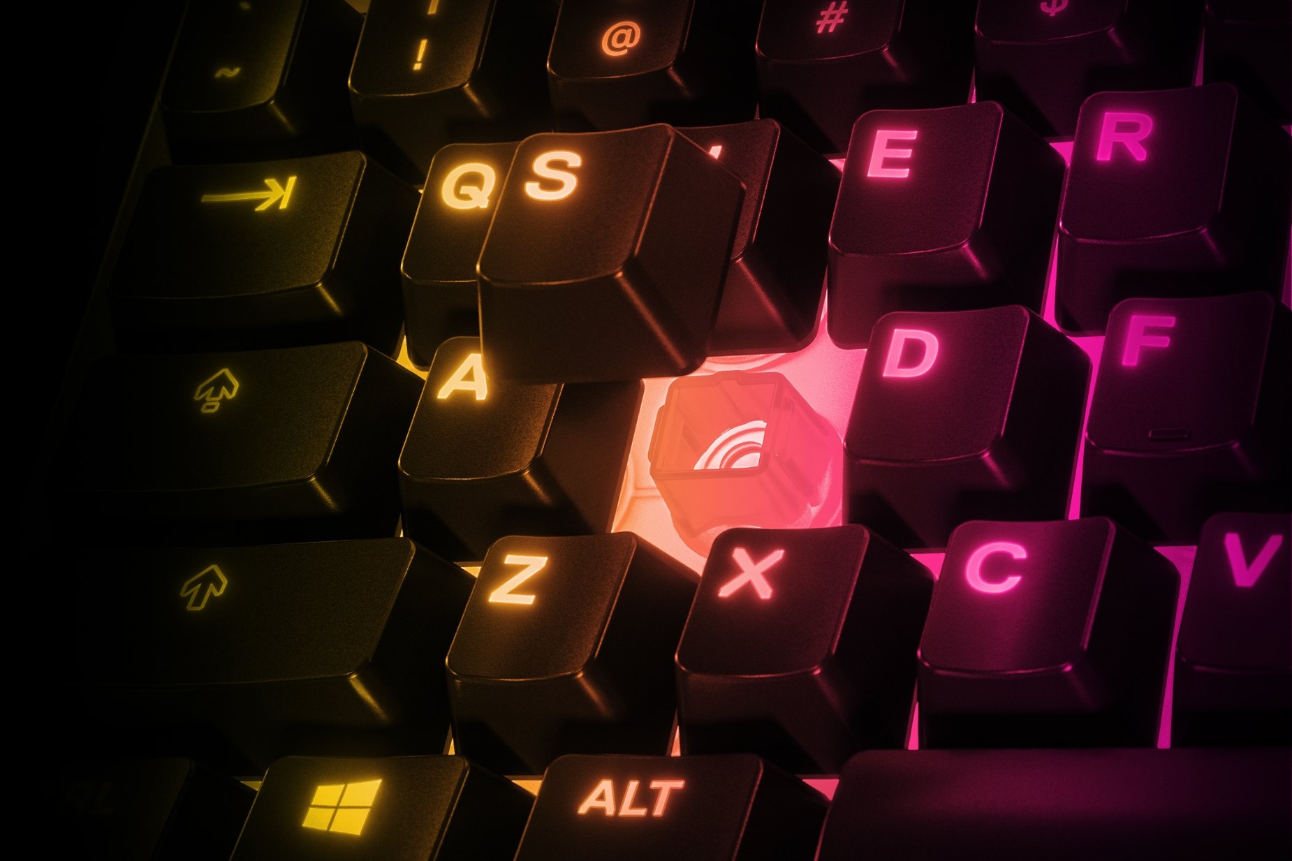 
 Closeup of Apex 3 TKL key, with illuminated RGB coming from below the keys.
 