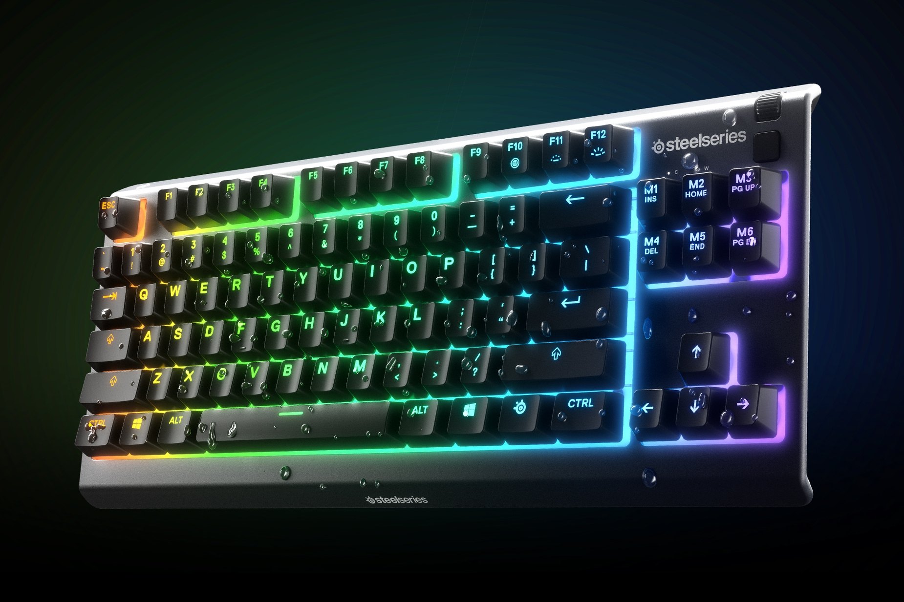 
 Apex 3 TKL keyboard with drops of water beading up on surface to illustrate innovative water resistant qualities.
 