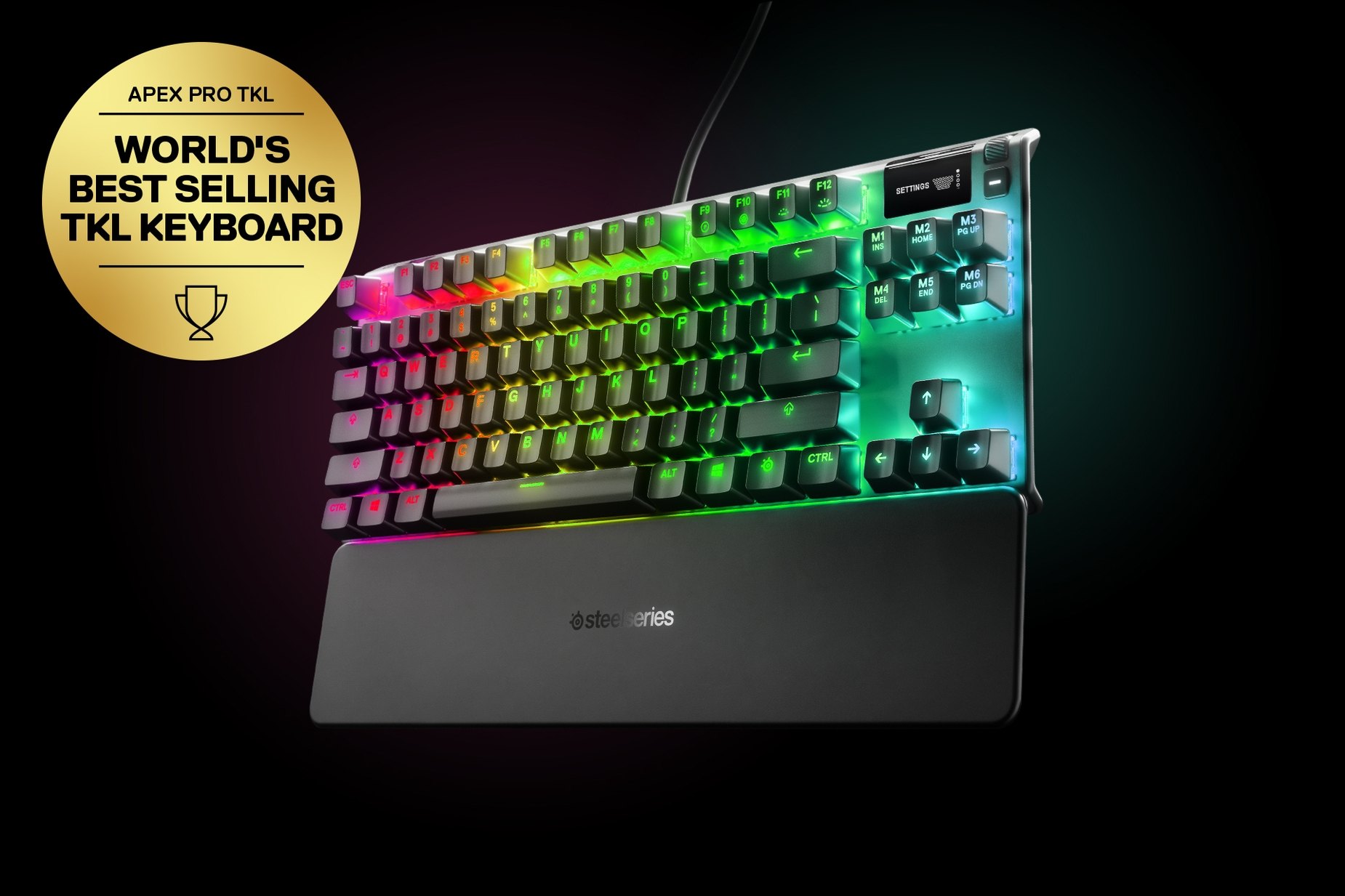 
 Nordic - Apex Pro TKL gaming keyboard with the illumination lit up on dark background, also shows the OLED screen and controls used to change settings, switch actuation, and adjust audio. Keyboard has gold award floating next to it with text "World's best selling TKL Keyboard".
 
