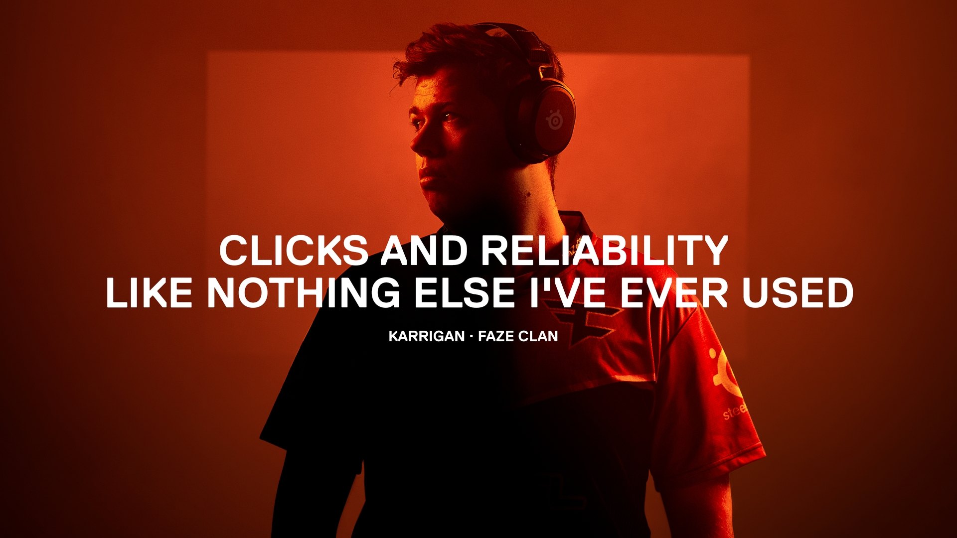 FaZe player Karagan with text that reads "Clicks and reliability like nothing else I've ever used."