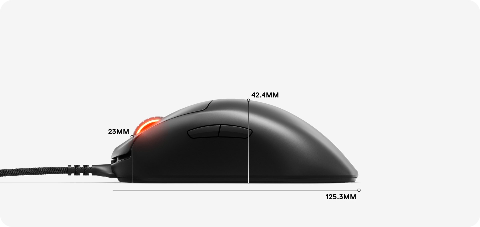 Dimensions for the mouse: 125.3 MM in length, 42.4 MM from palm rest to base, and 23 MM from scroll wheel to base.