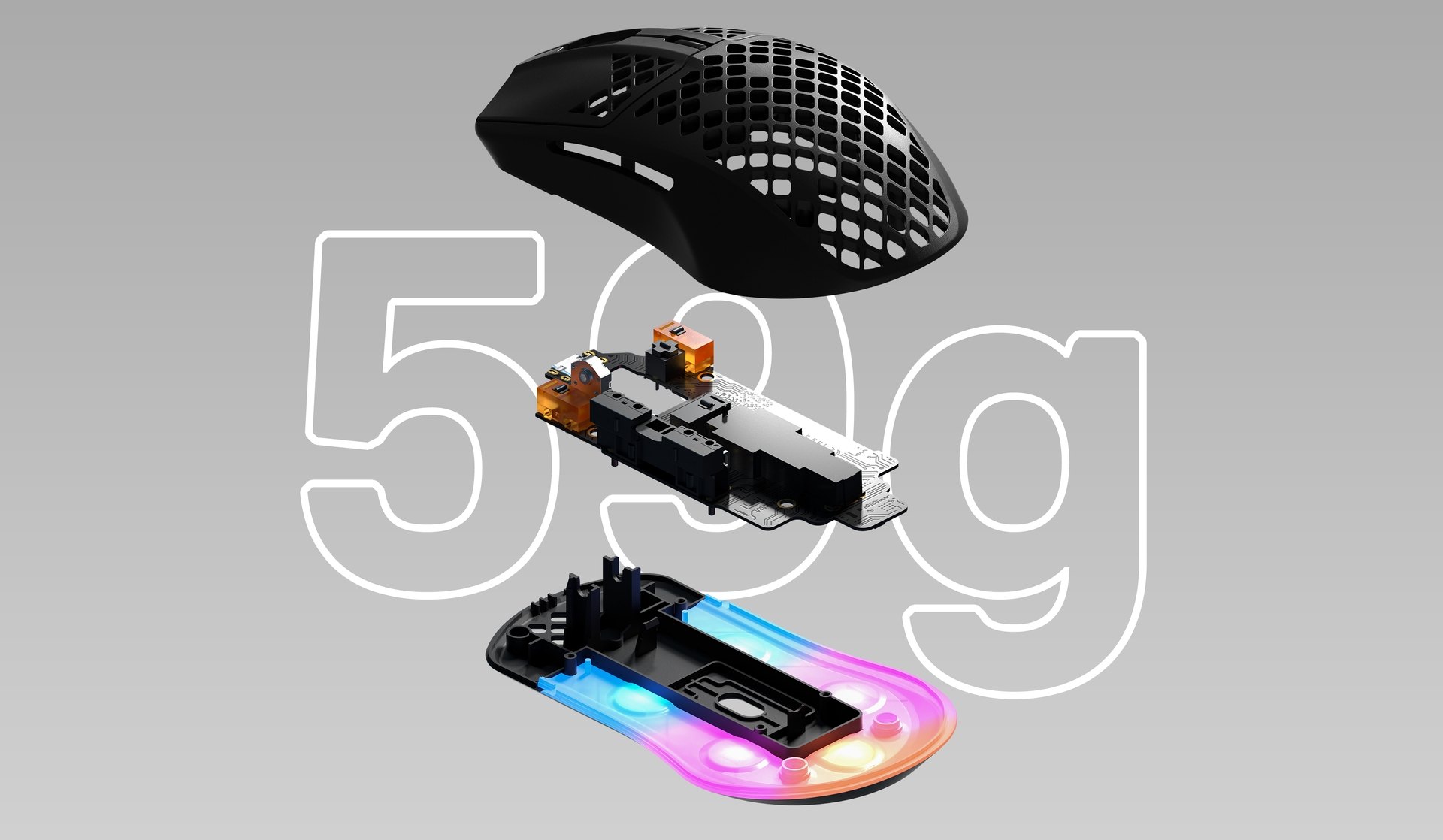 Aerox 3 2022 mouse, with all the parts shown vertically. Text behind image reads "59 g".
