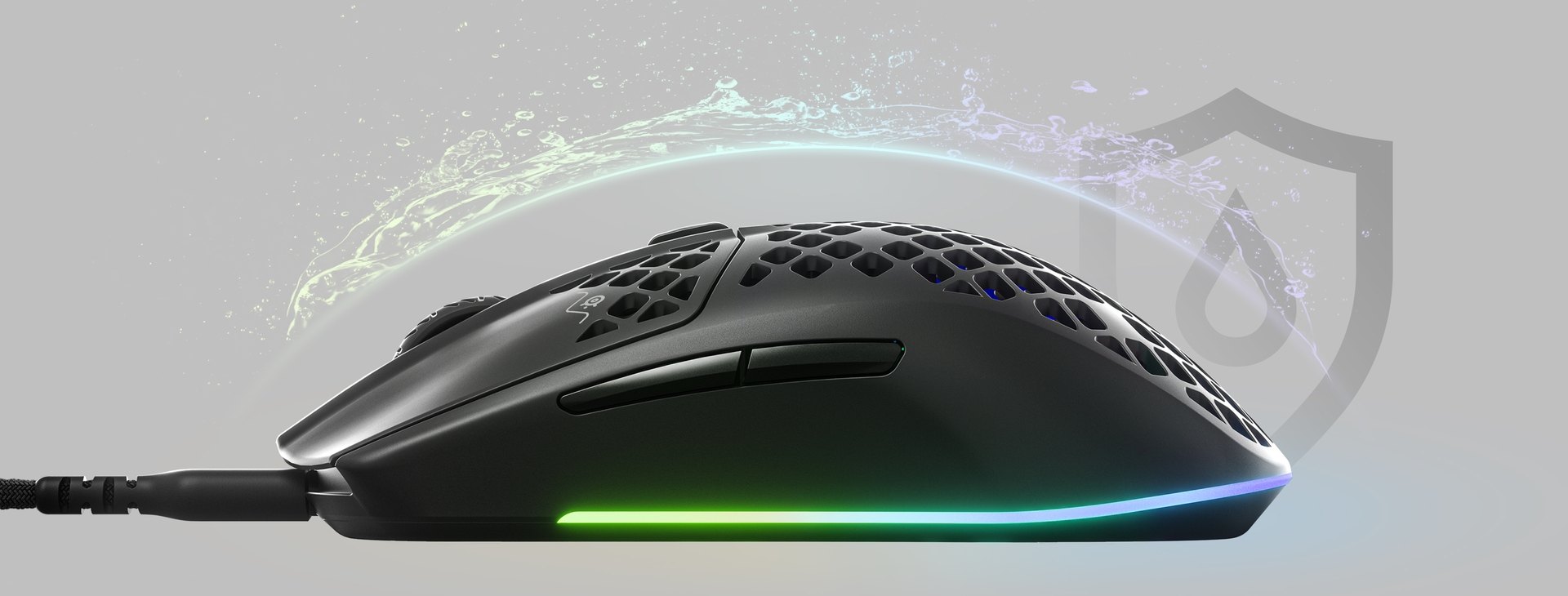An Aerox 3 mouse with an invisible shield protecting it from incoming water splashing, to convey the waterproofing features.