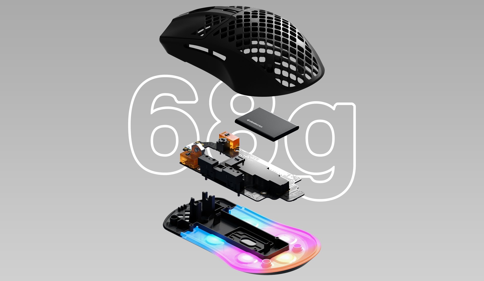 Aerox 3 Wireless 2022 mouse, with all the parts shown vertically. Text behind image reads "68 g".