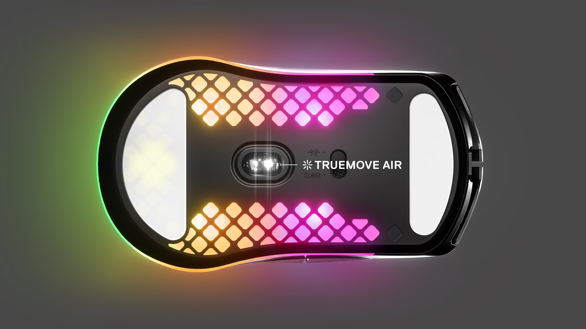 An Aerox 3 Wireless mouse shown from beneath with a great view into the sensor and bottom glide skates of the mouse. Text reads "True Move Air" near the sensor.