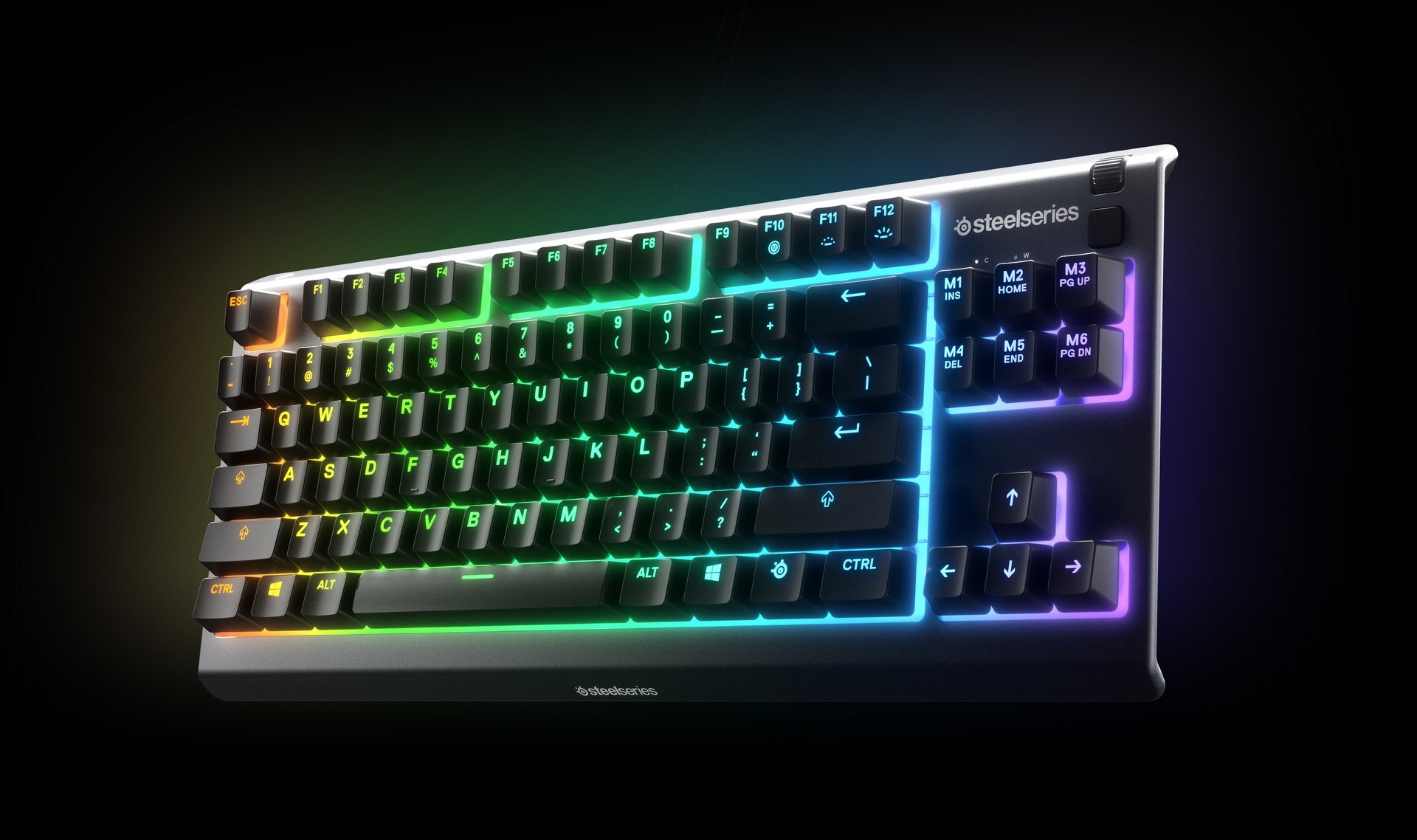 A front-facing view of the Apex 3 TKL with vibrant RGB lighting.