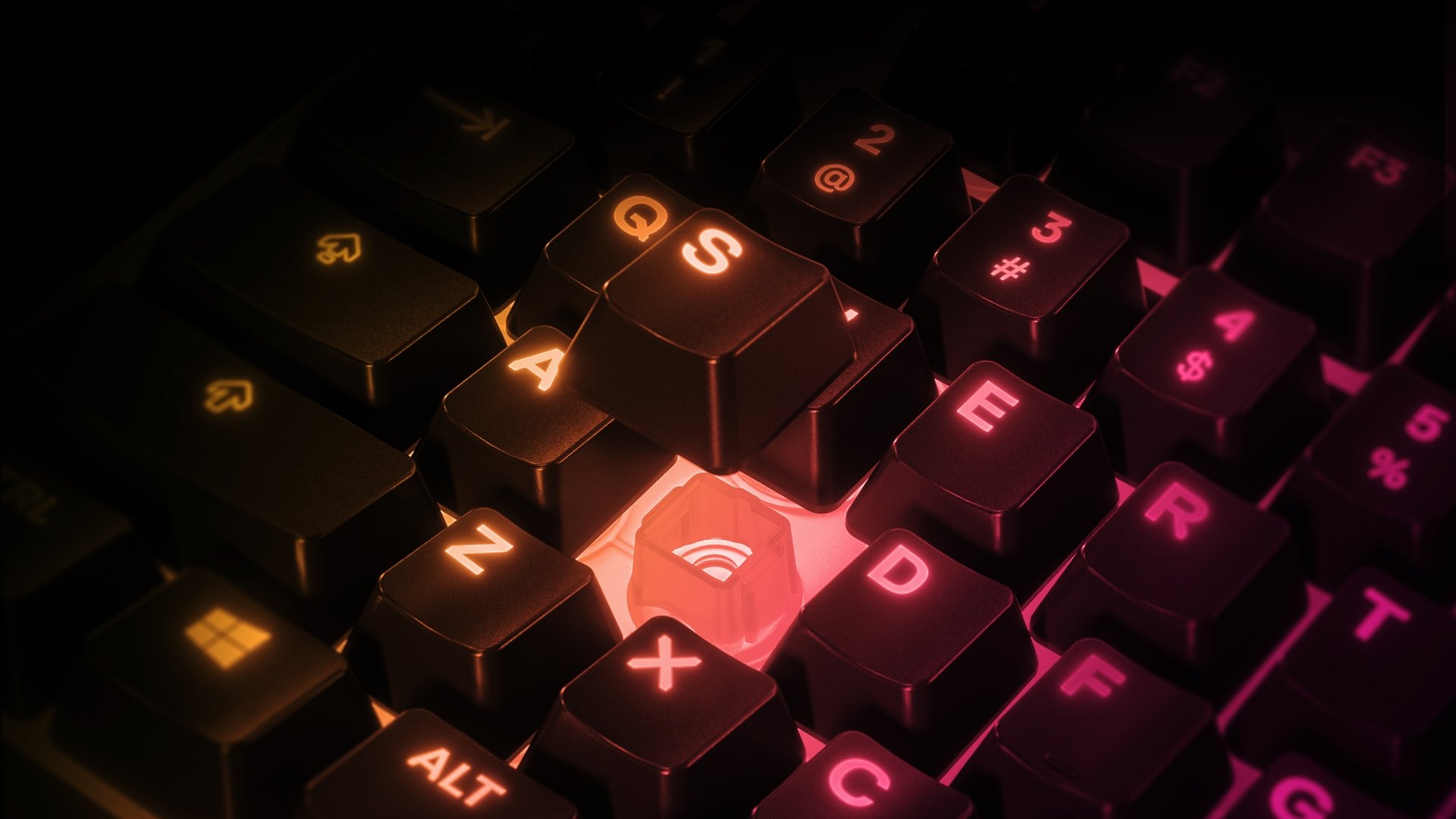 The S key is floating above the Apex 3 TKL keyboard to show off the whisper quiet membrane switches.