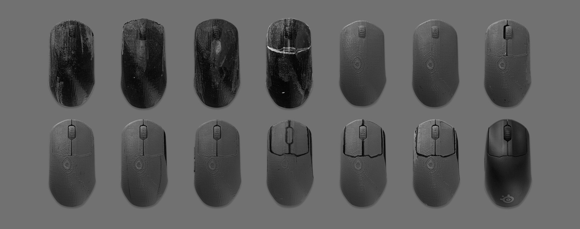 Two rows of mice show a progression in design based on feedback and testing.