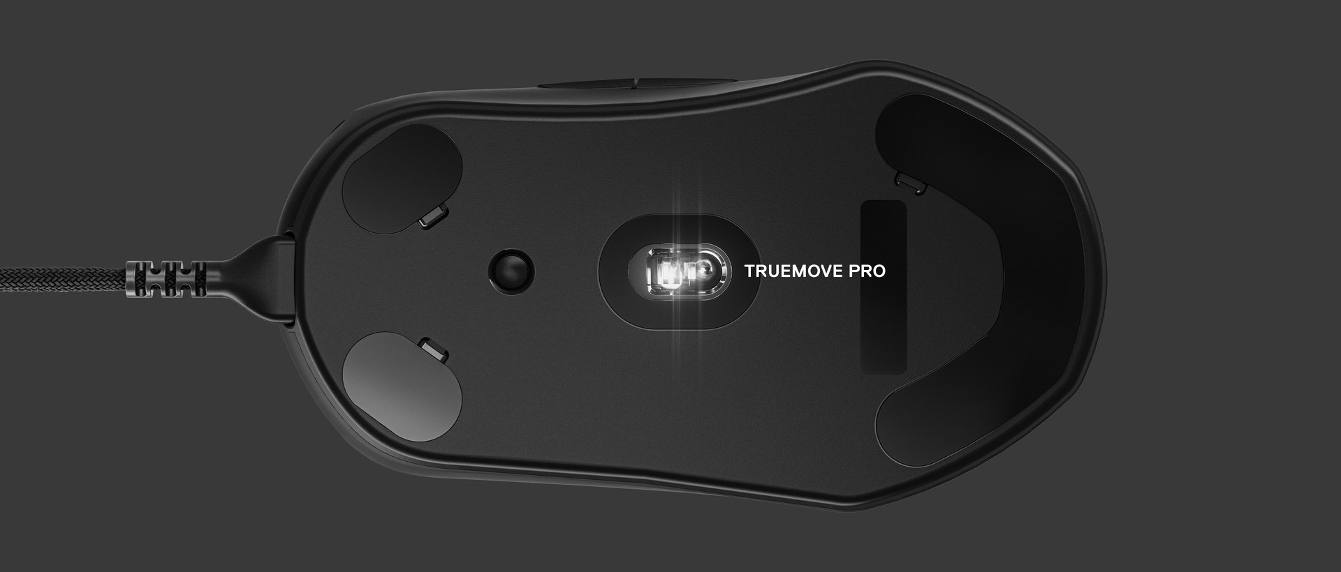 An underside look at the mouse with a label identifying the sensor. Text right: TrueMove Pro.