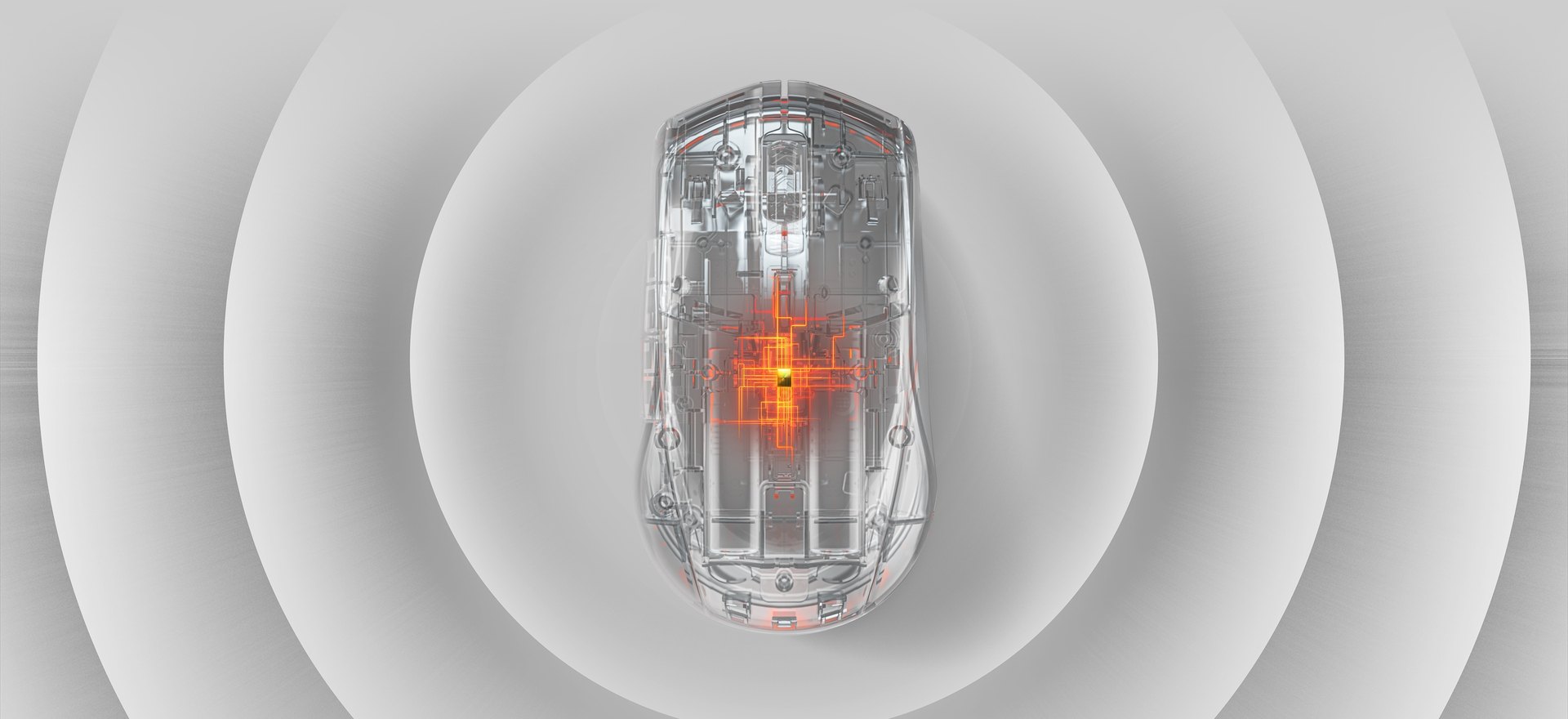 Rival 3 Wireless in an X-ray look with the interior contents of the mouse illuminated