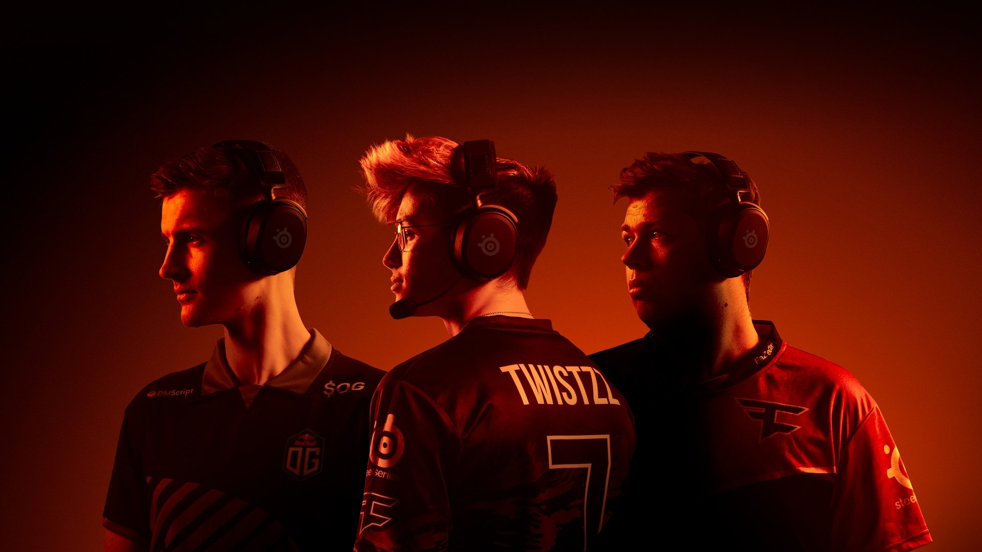 Group of FaZe players looking off dramatically while wearing Prime headsets.