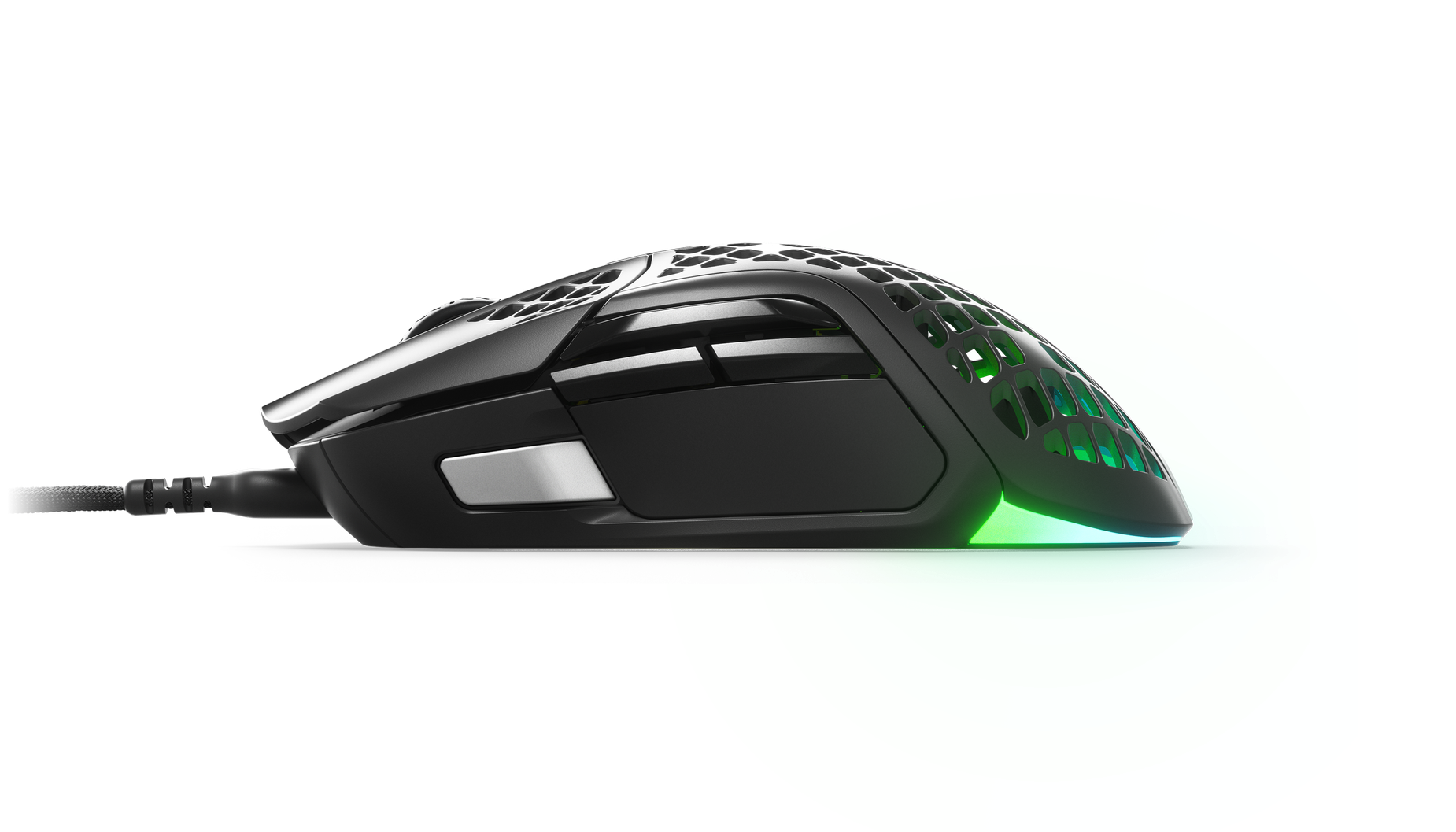 
 A side view of the Aerox 5 mouse showing off its numerous buttons.
 