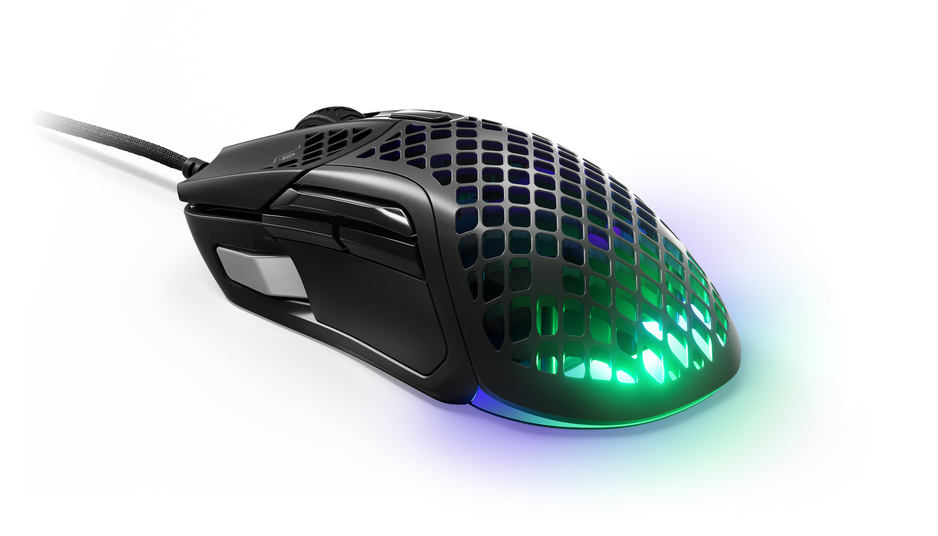 
 An angled view of the Aerox 5 mouse showing off its palm rest.
 