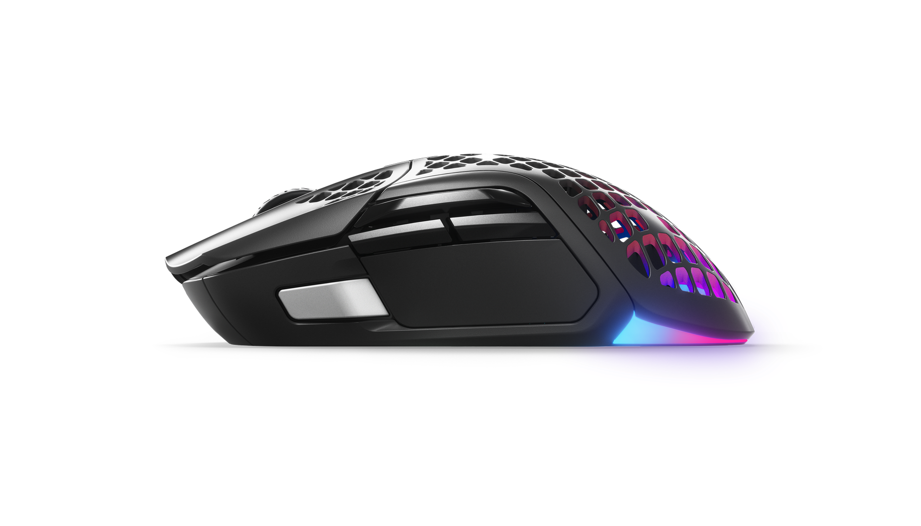 
 A side view of the Aerox 5 Wireless mouse showing off its numerous buttons.
 