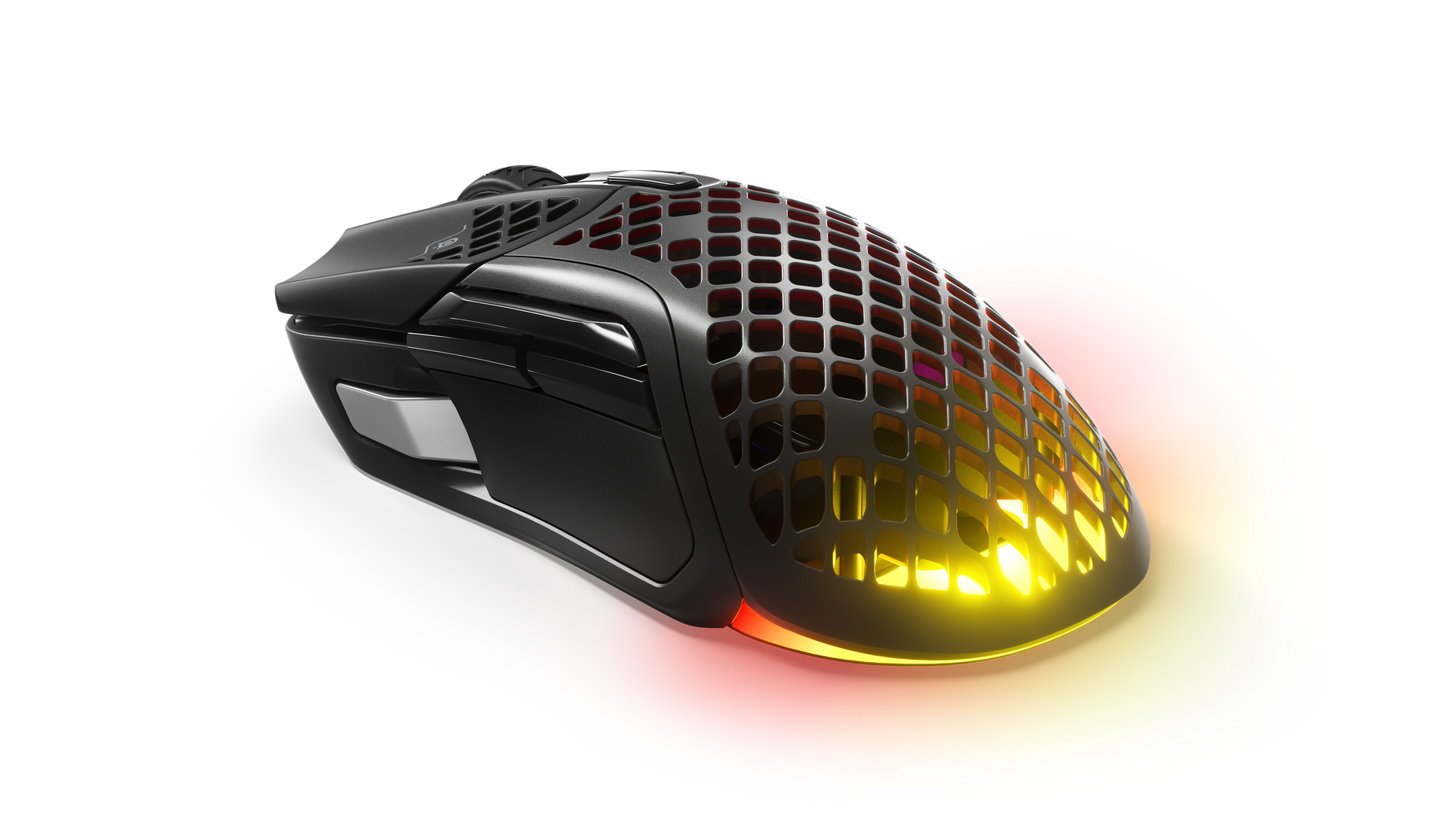 
 An angled view of the Aerox 5 Wireless mouse showing off its palm rest.
 
