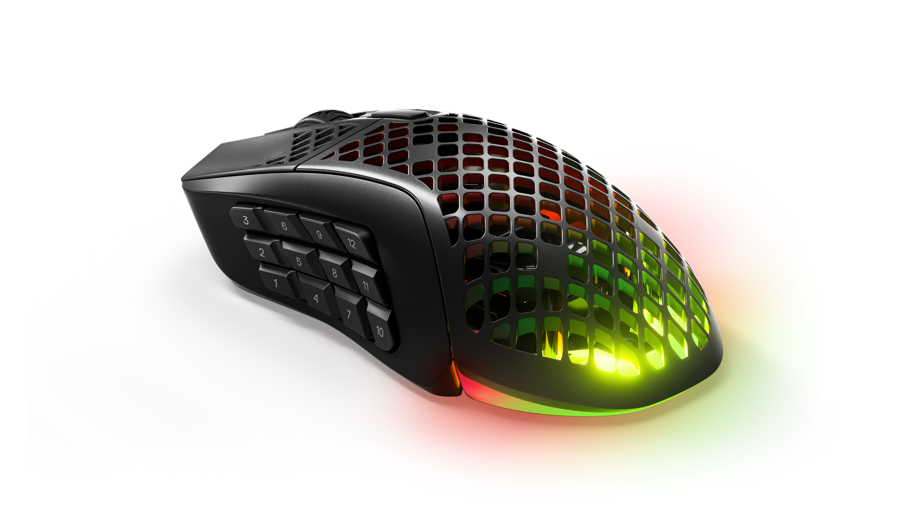 
 An angled view of the Aerox 9 Wireless mouse showing off its palm rest.
 