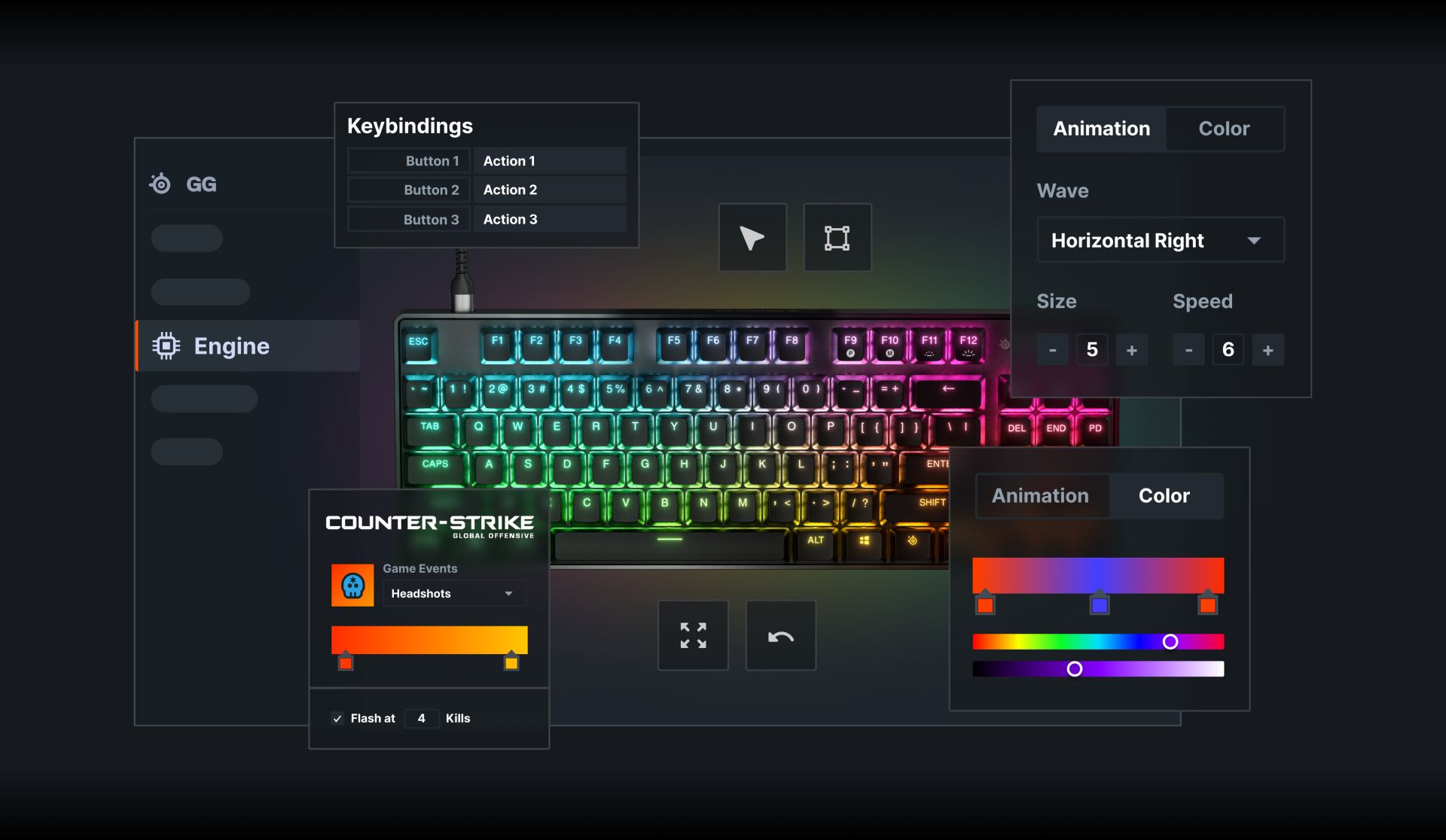 A user interface mockup of SteelSeries GG software showing the customization capabilities of the keyboard.