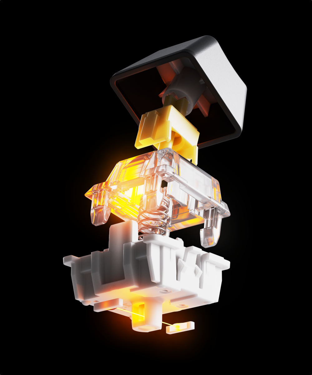 A 3D render of a blown out optipoint switch, exclusive to the SteelSeries Apex 9 keyboard.