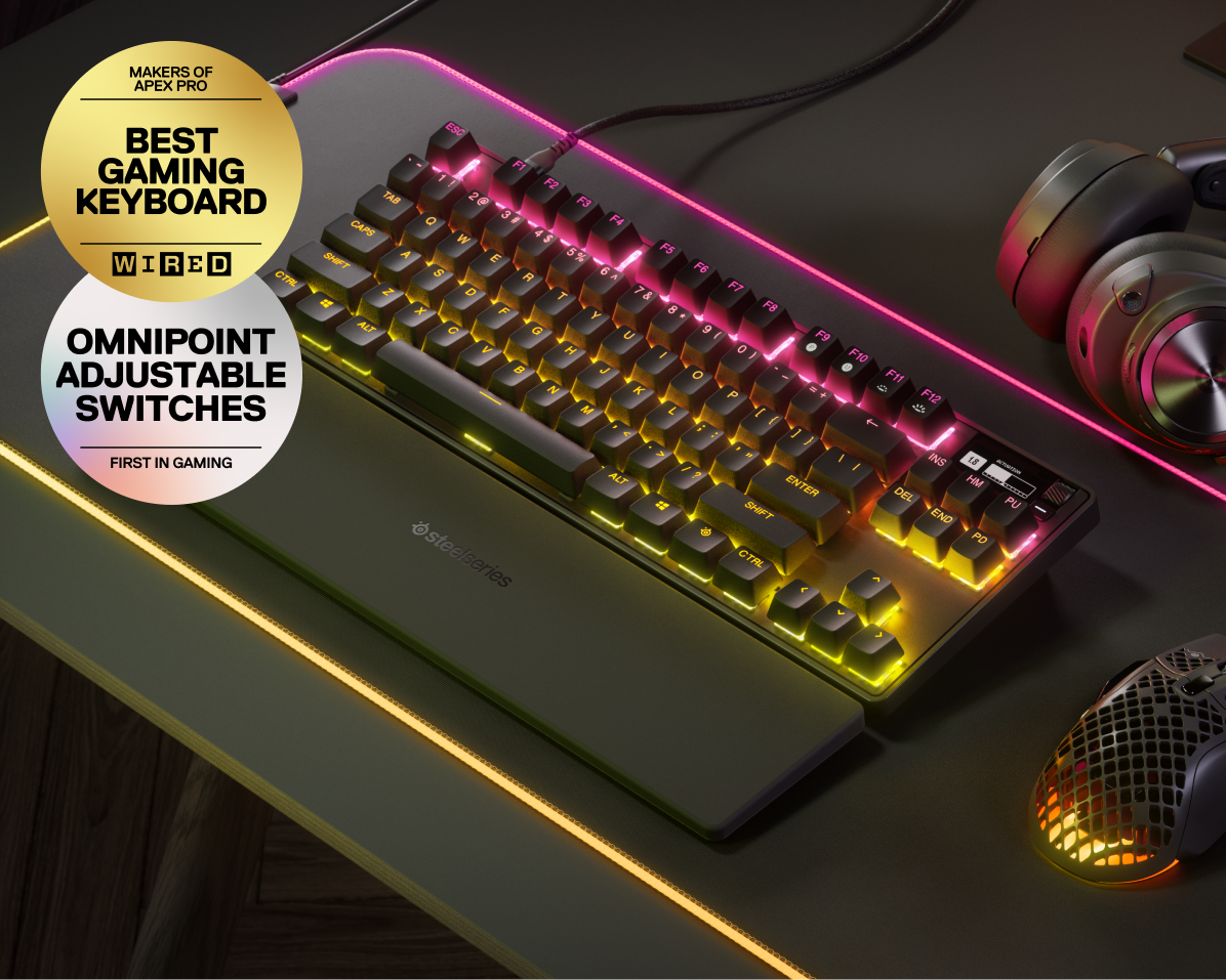 
 An Apex Pro TKL keyboard against a desktop setup. Two badges with text read: "Makers of best gaming keyboard from Wired Magazine" and "Omnipoint Adjustable switches, first in gaming."
 
