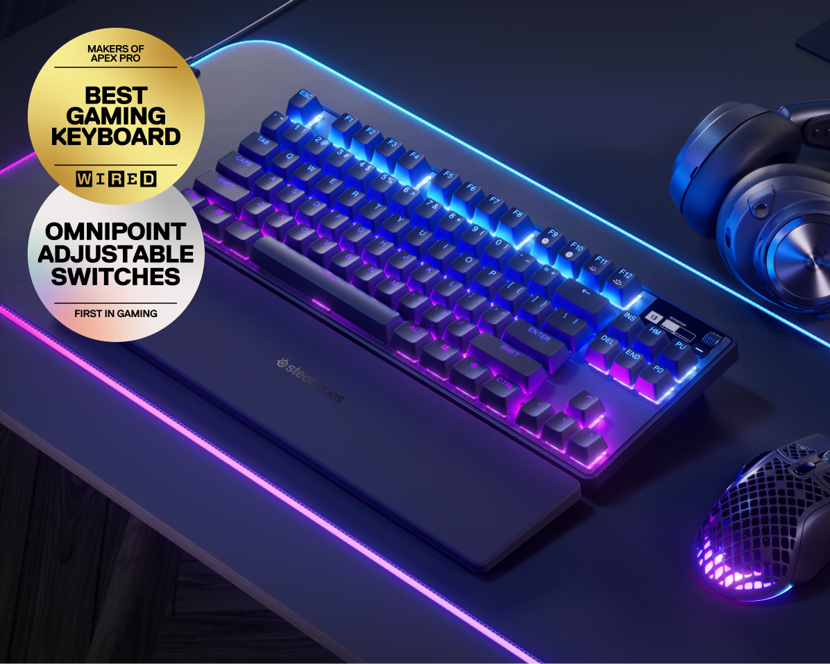 
 An Apex Pro TKL Wireless keyboard against a desktop setup. Two badges with text read: "Makers of best gaming keyboard from Wired Magazine" and "Omnipoint Adjustable switches, first in gaming."
 