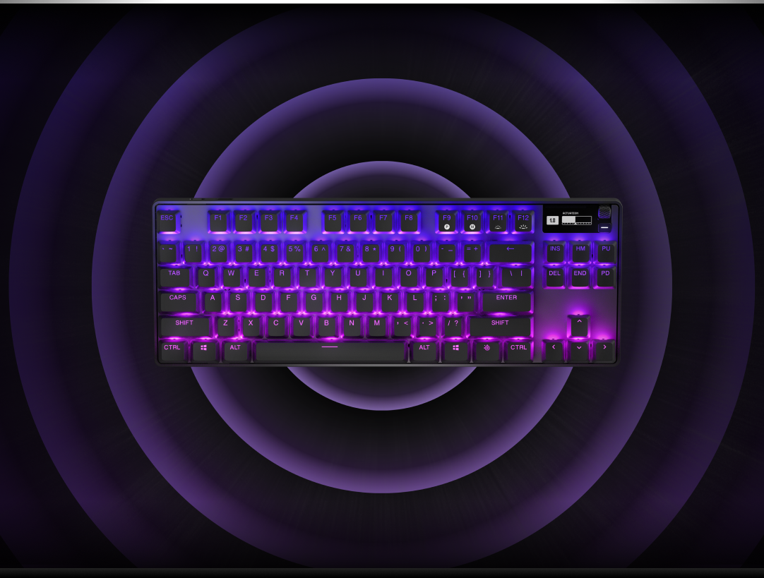 The Apex Pro TKL wireless keyboard with rings around it indicating the wireless feature.