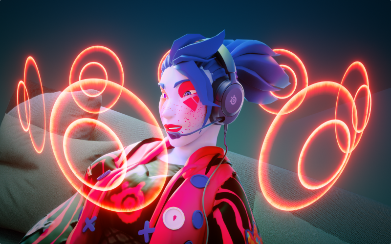 A character wearing an Arctis Nova headset with abstract orbs hovering around them to illustrate spatial audio.