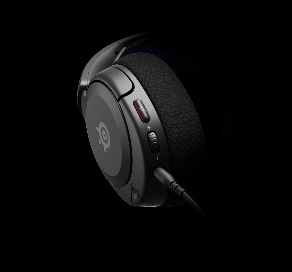 A close up look at the on-headset controls, featuring a mute button, volume control, power, and bluetooth.