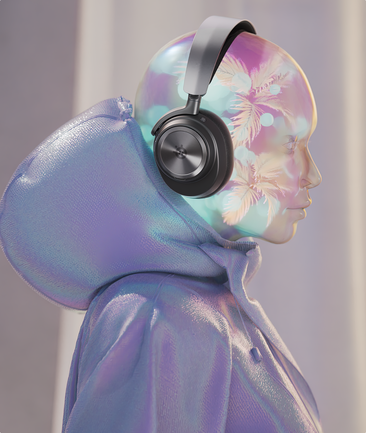 An abstract being with a holographic hoodie and floral, transparent figure wears an Arctis Nova headset.