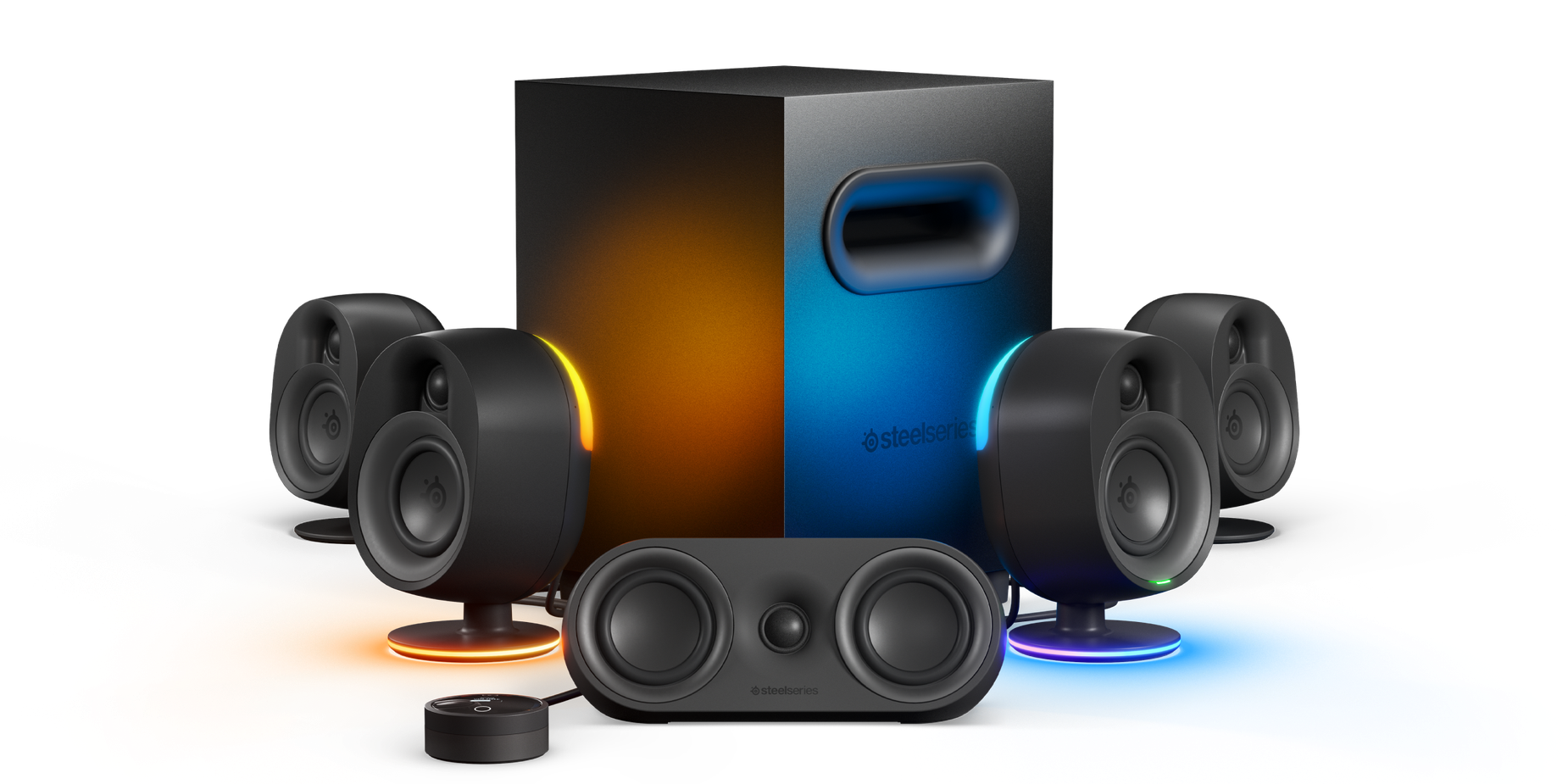 
 The complete Arena 9 product lineup includes a front, rear, and two-way speaker alongside the control pod and subwoofer.
 