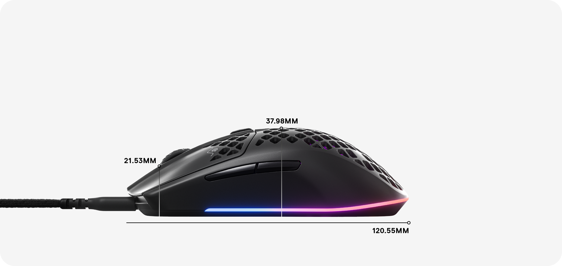 Dimensions for the mouse: 120.55 MM in length, 37.98 MM from palm rest to base, and 21.53 MM from scroll wheel to base.