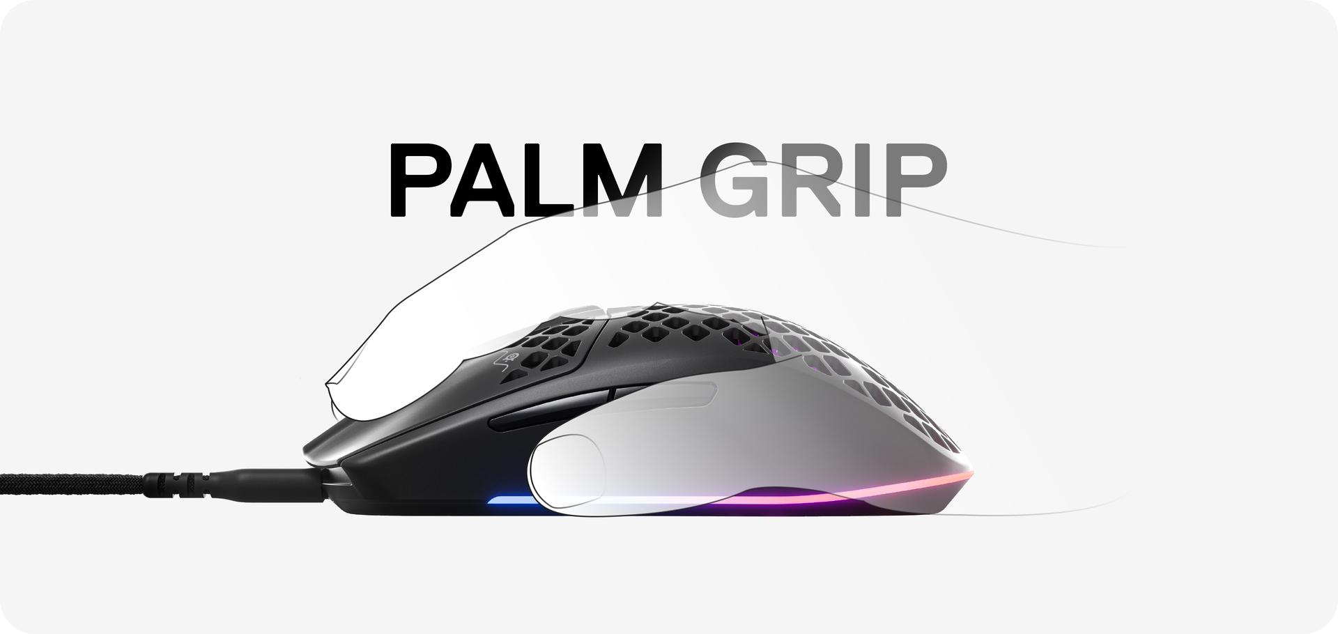 A hand using the Aerox 3 2022 mouse with a palm grip.