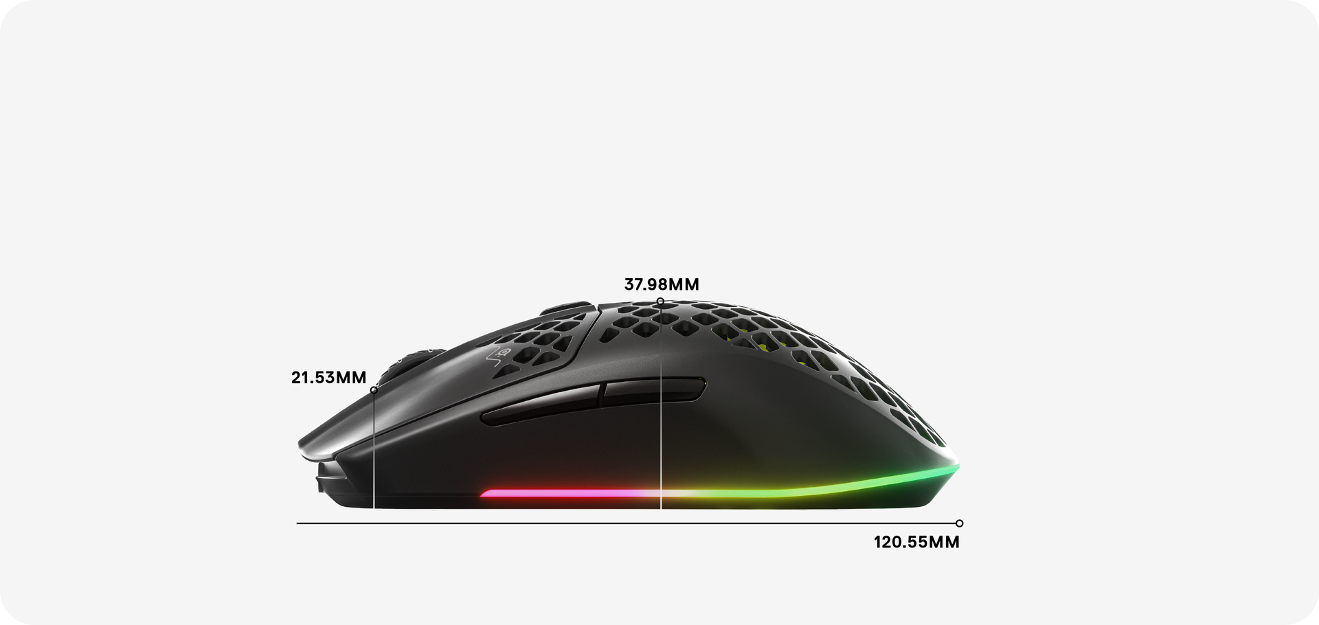 Dimensions for the mouse: 120.55 MM in length, 37.98 MM from palm rest to base, and 21.53 MM from scroll wheel to base.