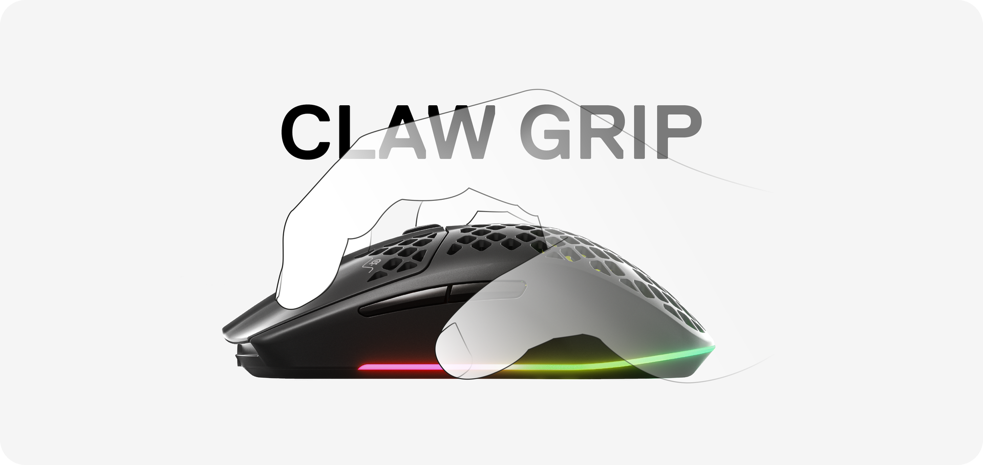 Illustration of a hand using the Aerox 3 Wireless 2022 mouse with a claw grip.