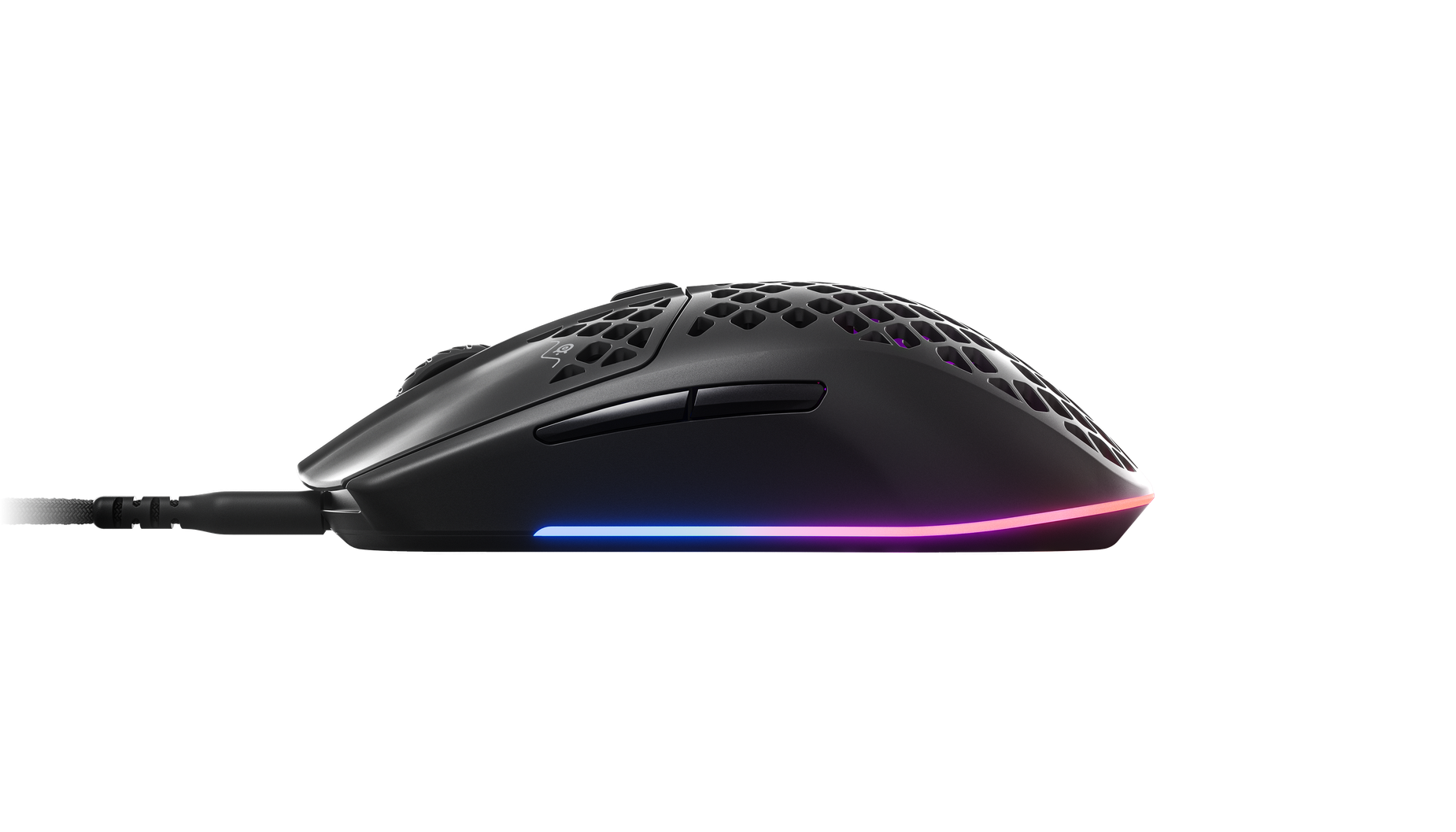 
 Side view of Aerox 3 Wireless (2022) gaming mouse. Showing off side buttons.
 
