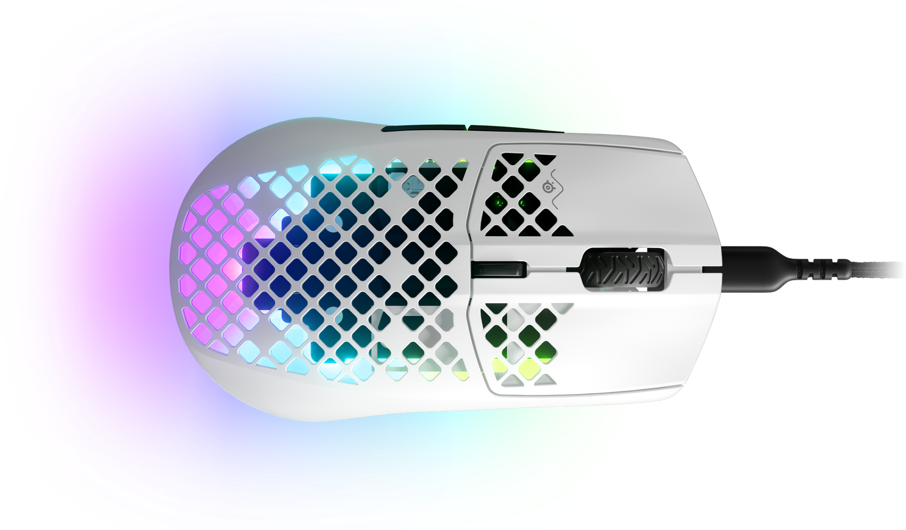 
 Overhead view of Aerox 3 (2022) mouse, with RGB gleaming through the holes of the mouse.
 