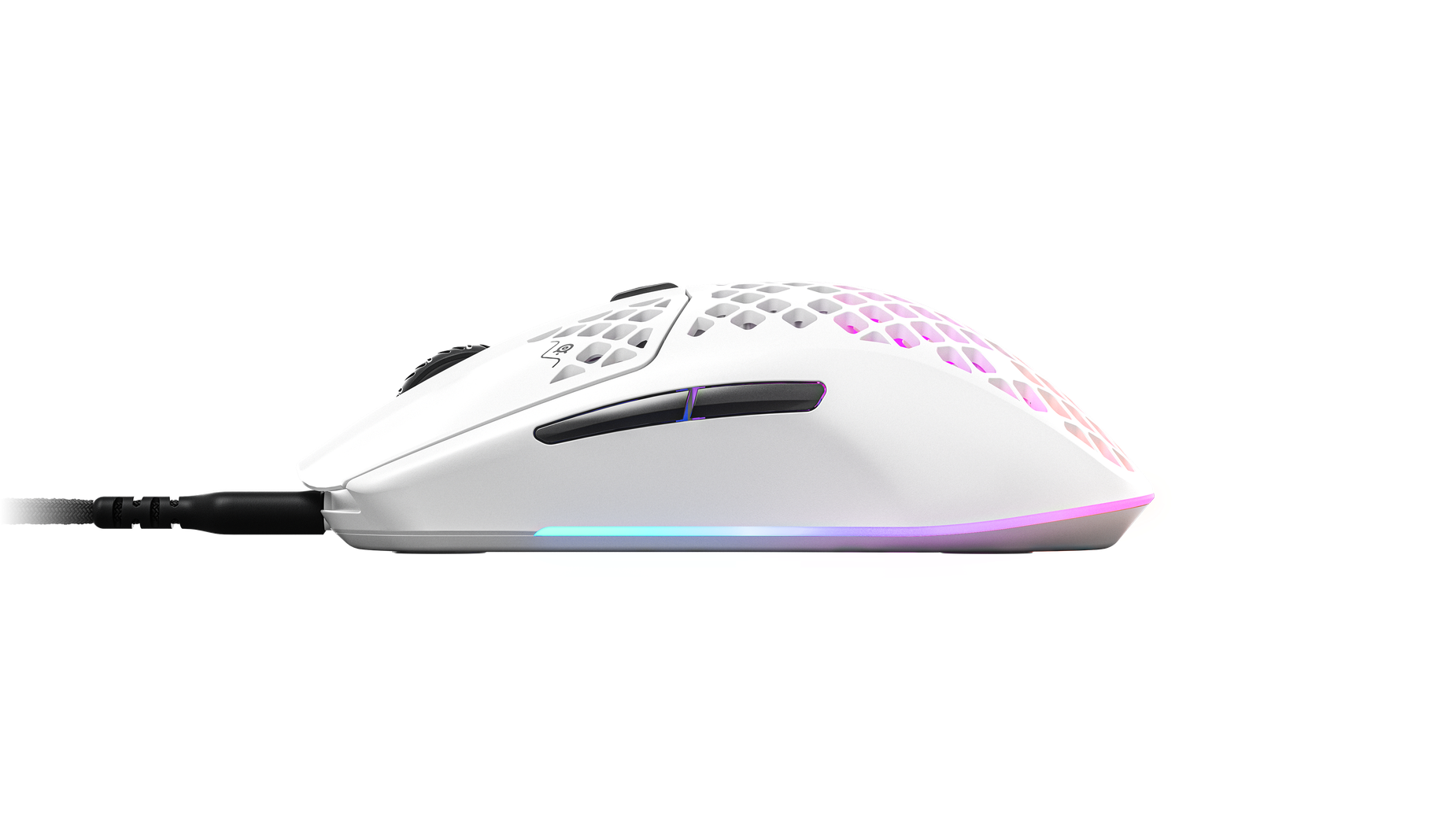 
 Side view of Aerox 3 (2022) White gaming mouse. Showing off side buttons.
 