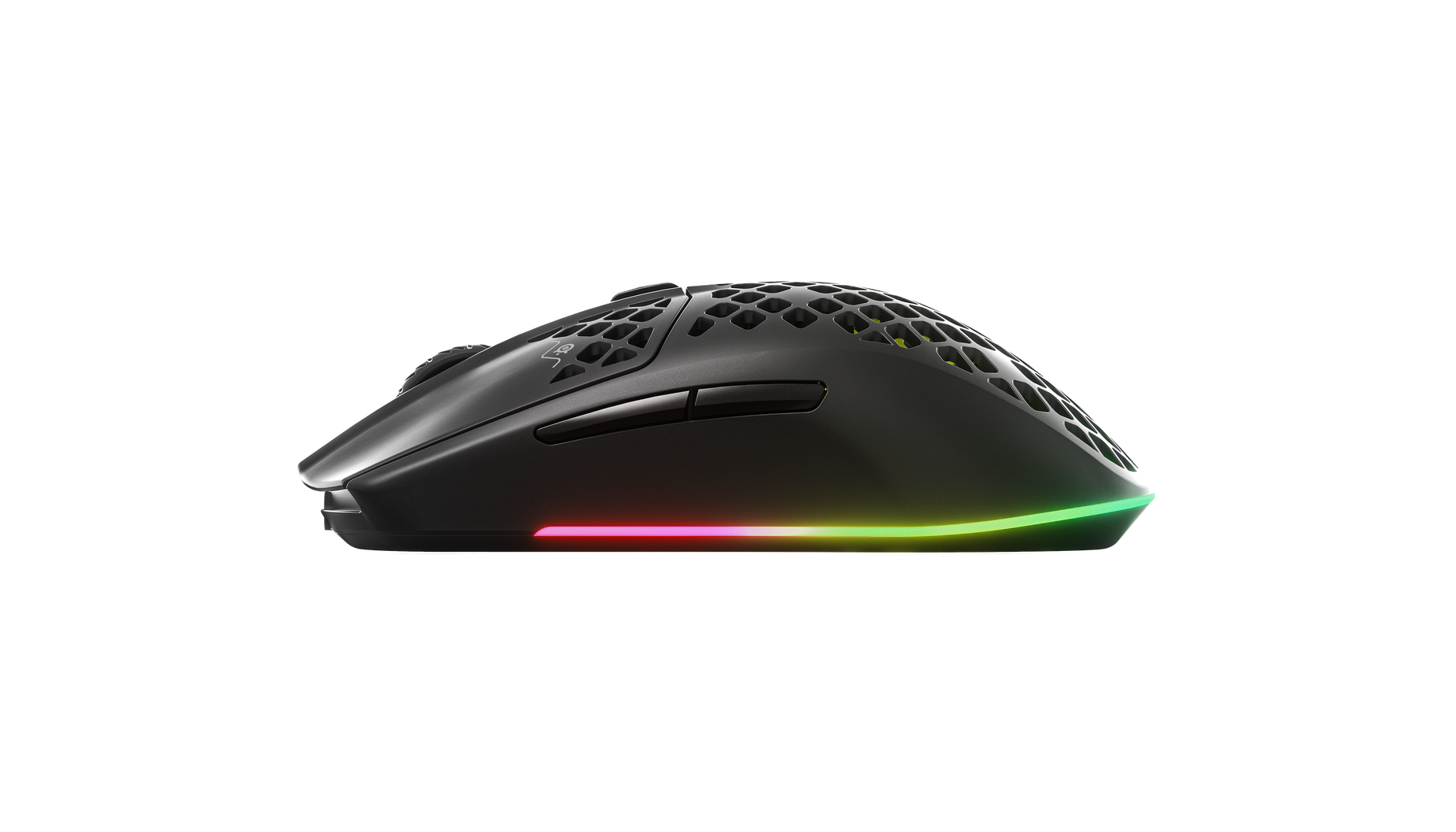 
 Side view of Aerox 3 Wireless (2022) black gaming mouse. Showing off side buttons
 