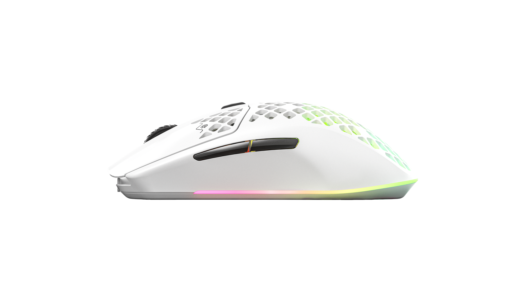 
 Side view of Aerox 3 Wireless (2022) White gaming mouse. Showing off side buttons.
 