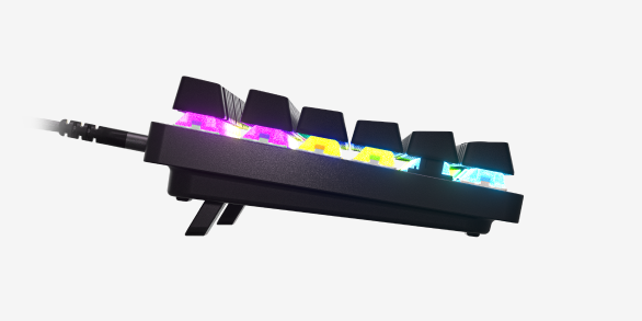 
 A side shot of the Apex 9 keyboard's height adjustable tilt legs.
 